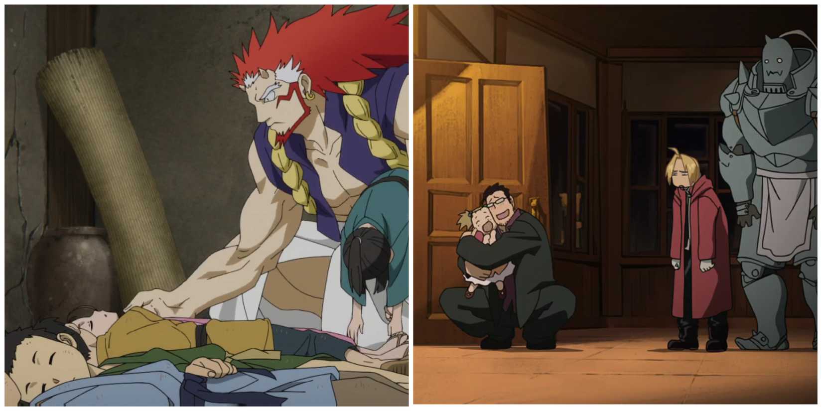 Daemons of the Shadow Realm Lord Right Helping Children During Village Massacre Episode 1 Fullmetal Alchemist Brotherhood Edward and Alphonse Invited to Dinnger Episode 1
