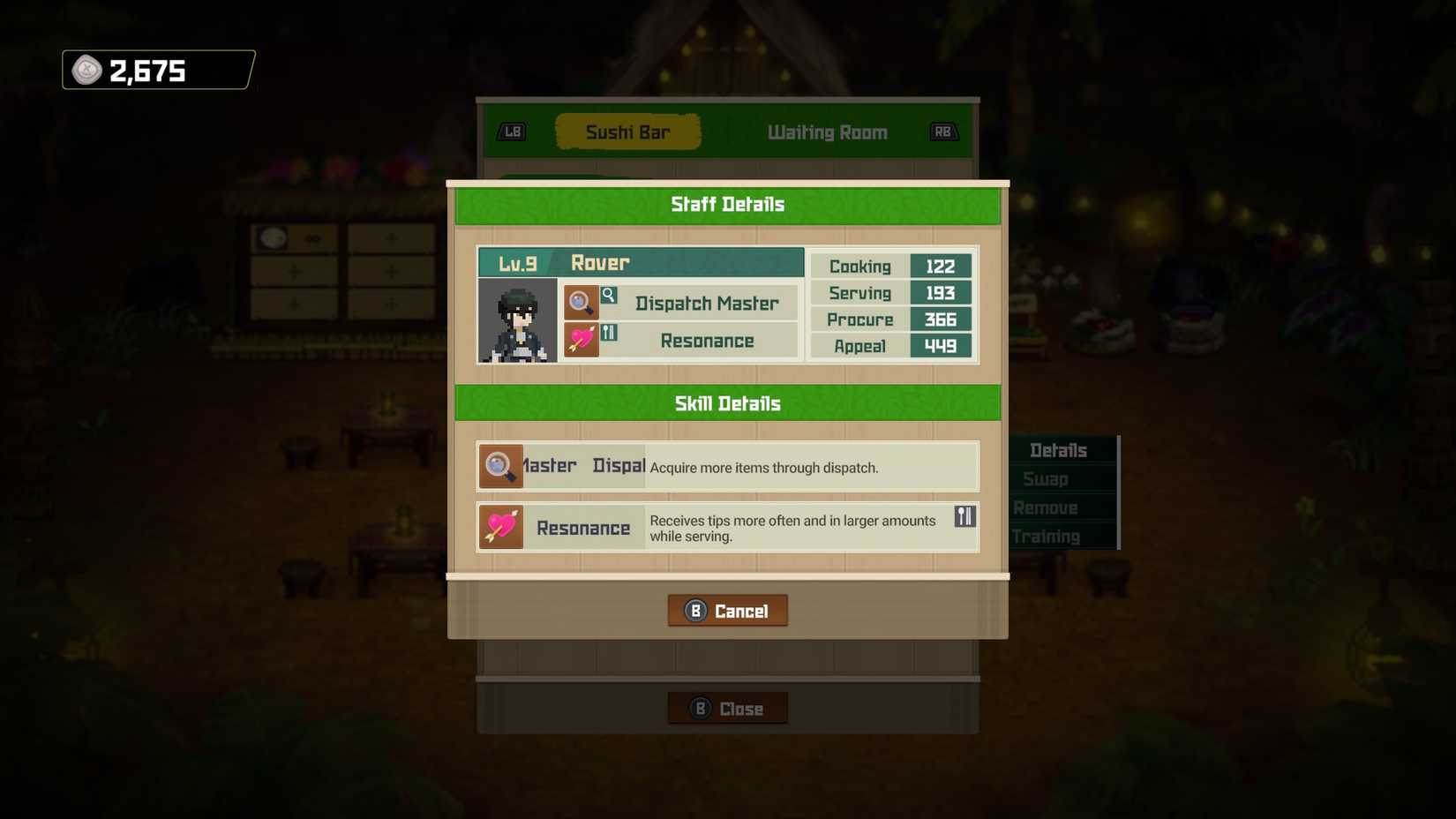 Rover staff stats and skills in Dave the Diver In the Jungle