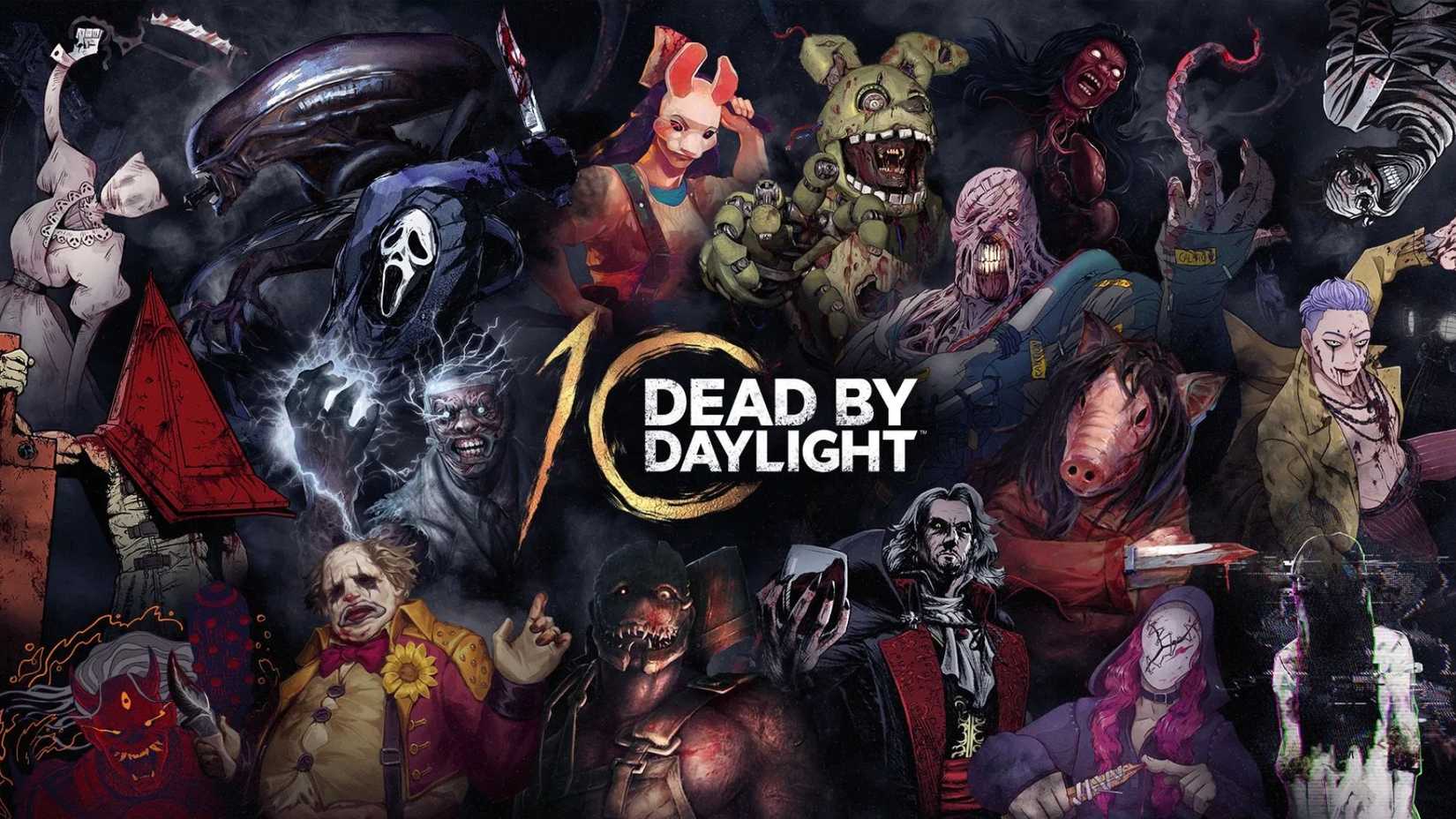 the official key art for dead by daylight's 10th anniversary celebration showcasing its iconic killers.