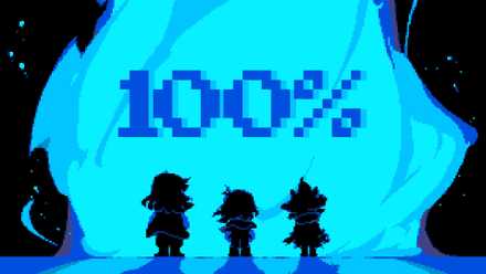 Pixel-art Deltarune image showing Kris, Susie, and Ralsei standing in front of a glowing blue flame with