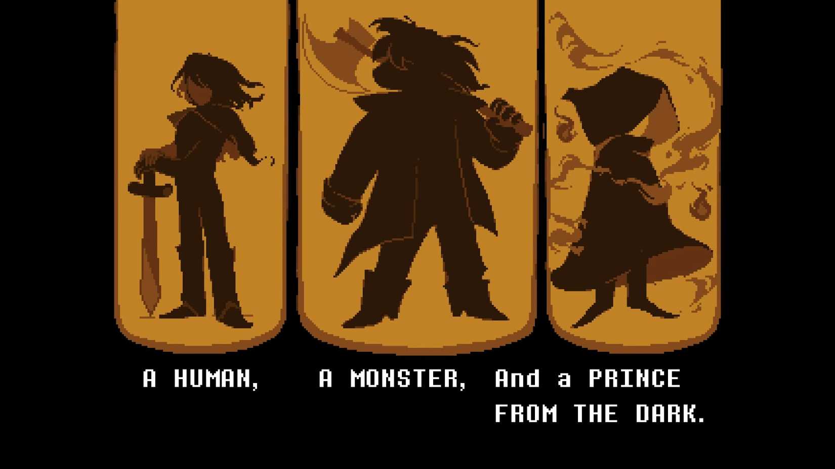 Pixel-art Deltarune image showing Kris, Susie, and Ralsei in three vertical panels above the text "A HUMAN, A MONSTER, AND A PRINCE FROM THE DARK."