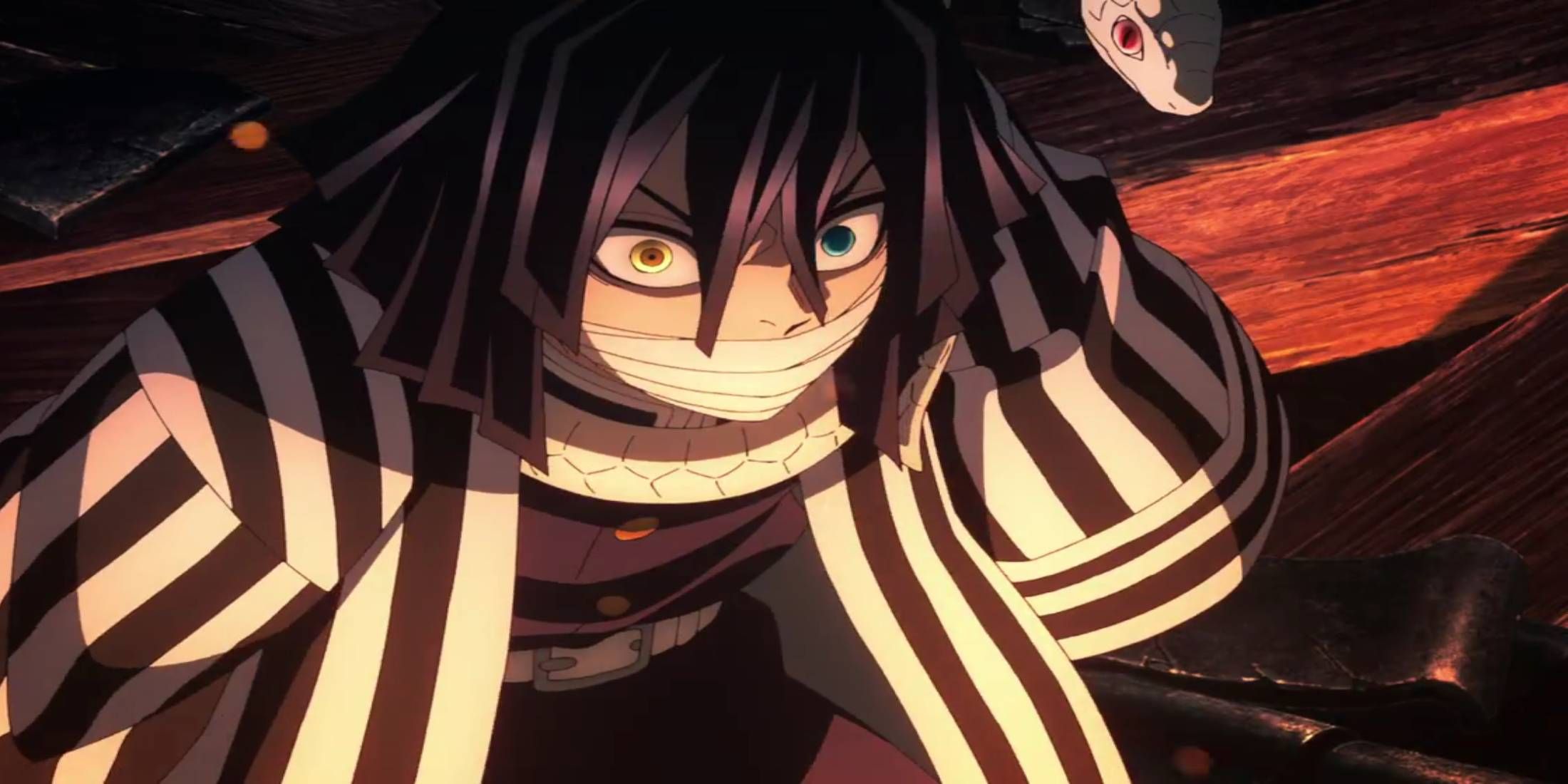 A close-up of Iguro Obanai and his white snake Kaburamaru on his shoulder surrounded by burning building debris from Season 4 Episode 8 of the Demon Slayer
