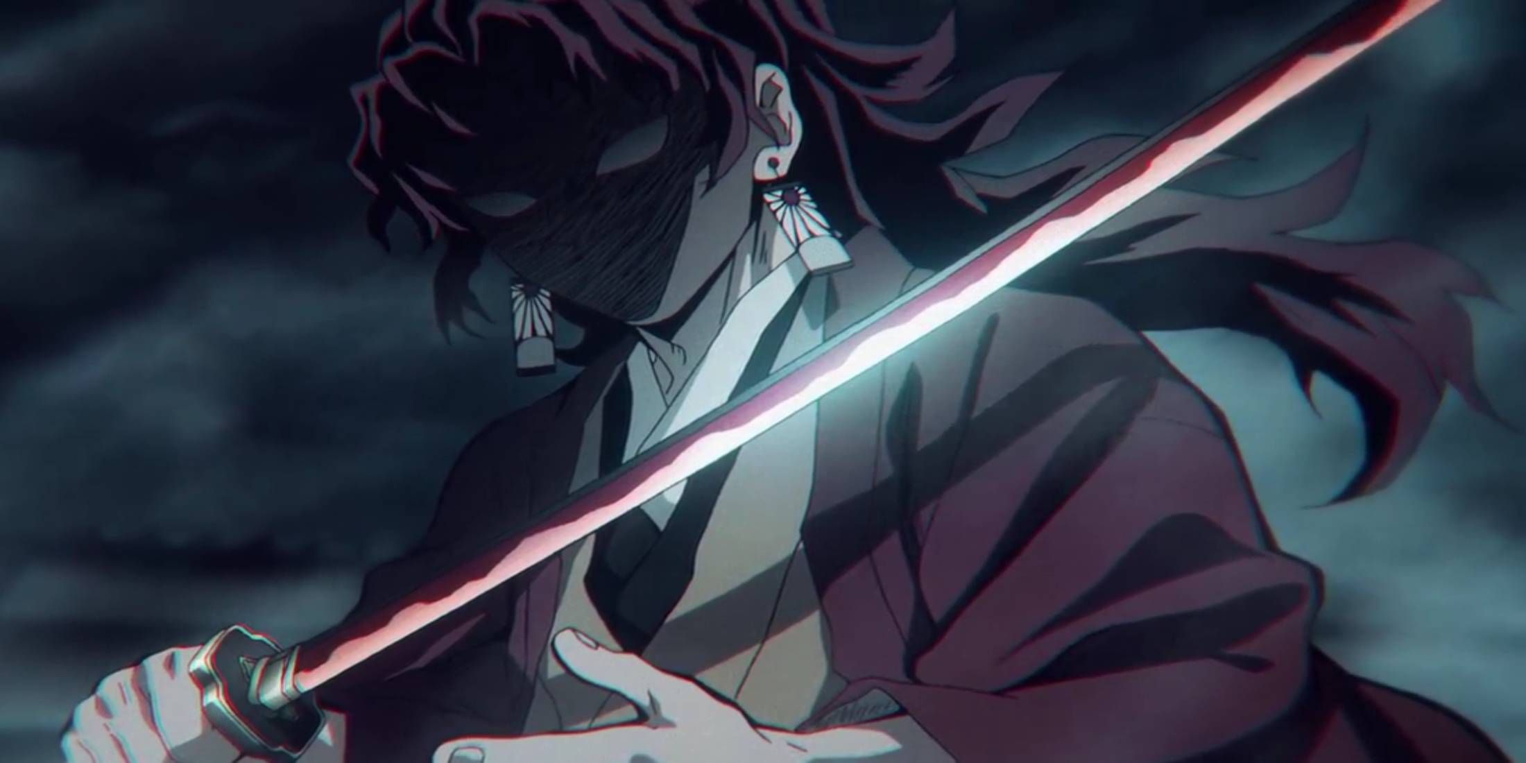 Demon Slayer close up of Yoriichi Tsugikuni in first appearance in Muzan's flashback during episode 8 of season 1