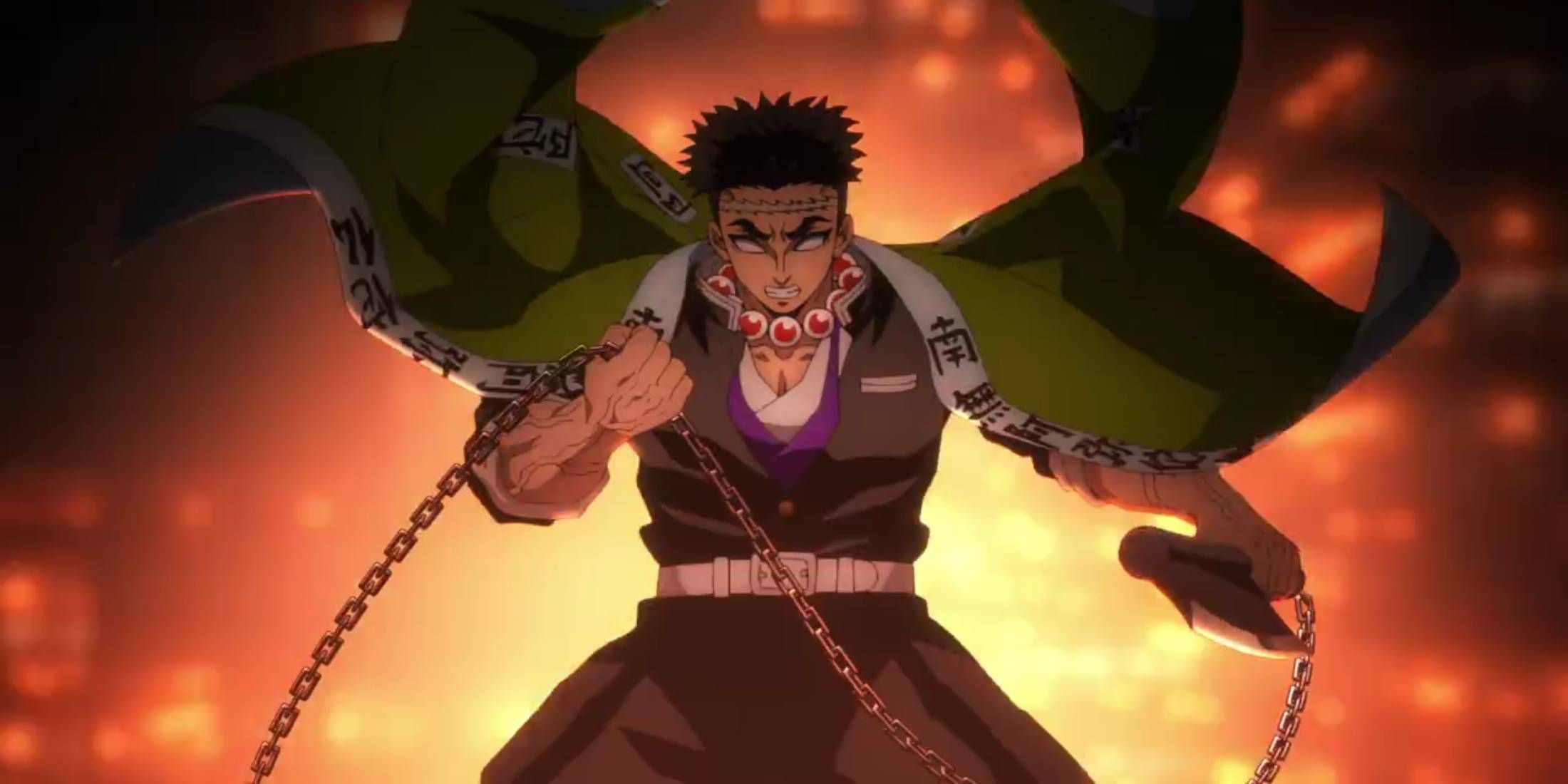 Gyomei Himejima, a demon slayer with a spike talent and an axe, fighting Muzan in Episode 8 of Season 4.