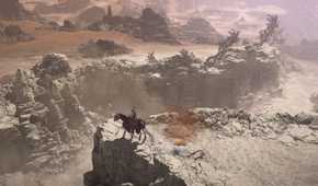 A Diablo 4 character on their mount next to a cliff.