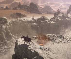 A Diablo 4 character on their mount next to a cliff.