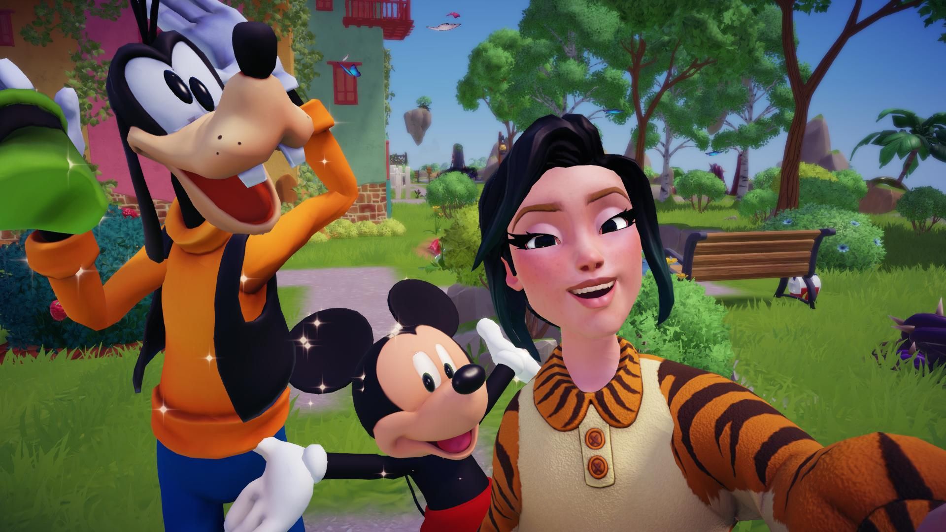 disney dreamlight valley character taking a selfie with goofy and mickey