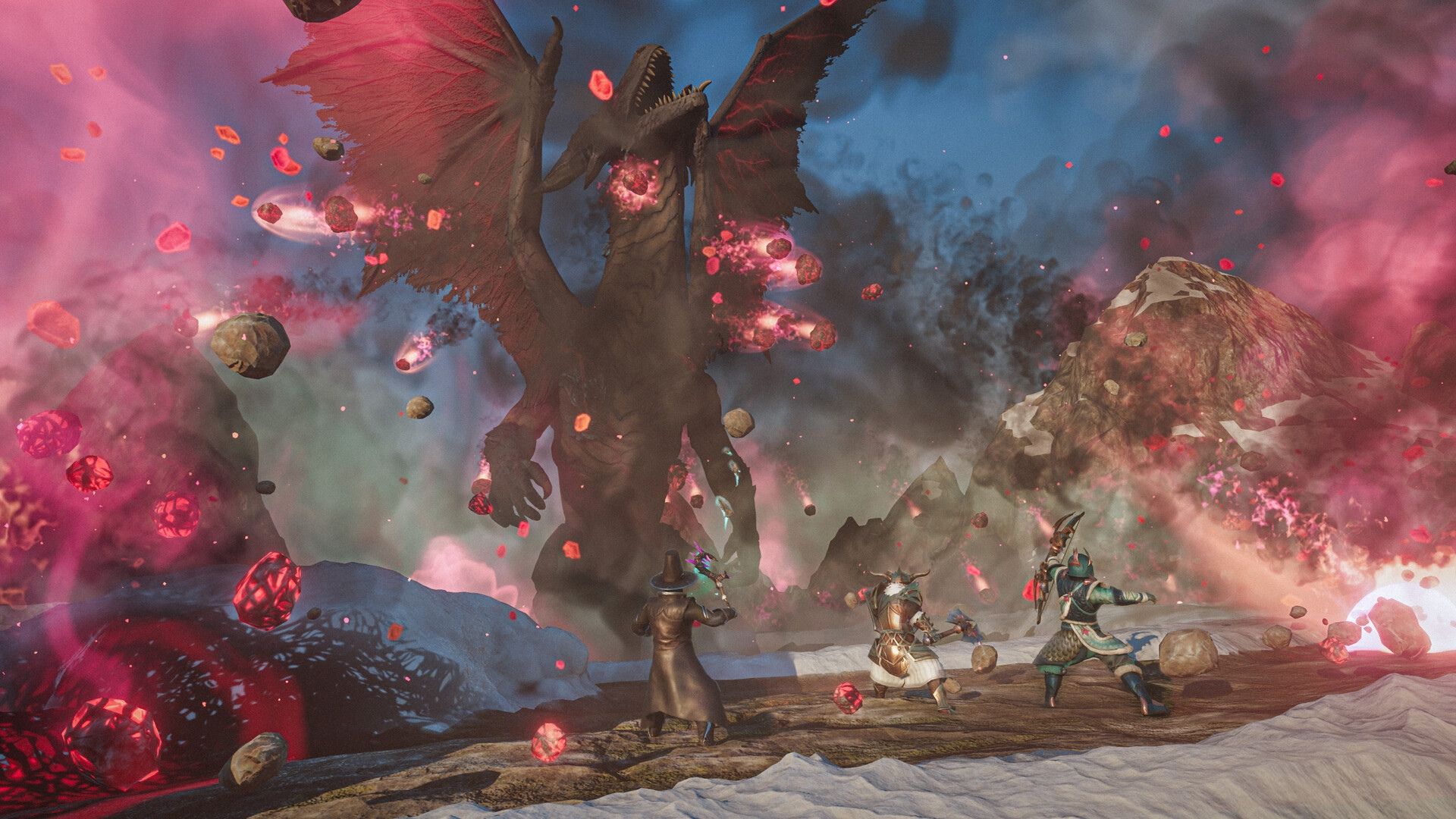 a battle scene featuring a dragon in enshrouded.