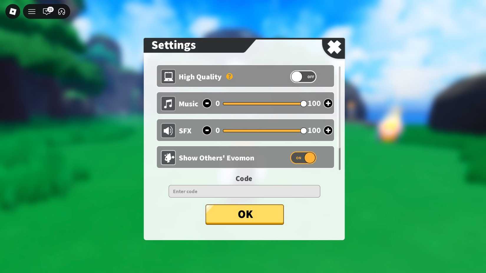 Evomon on the codes tab