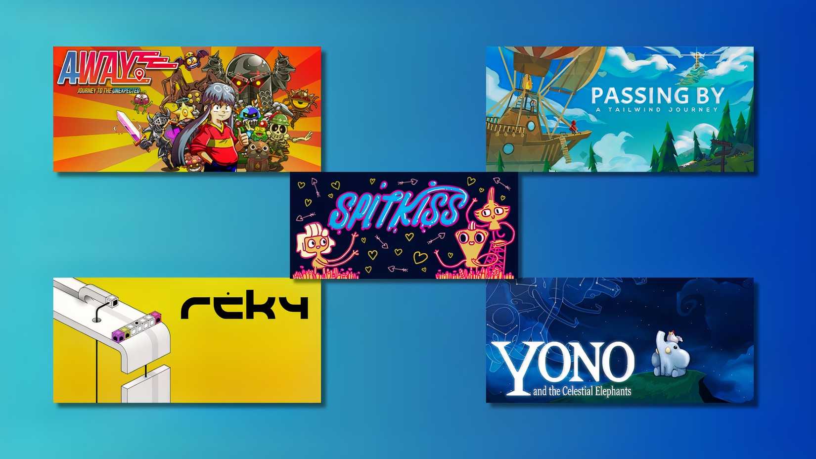 official artwork for five indie steam games, away, passing by, spitkiss, yono, and reky.