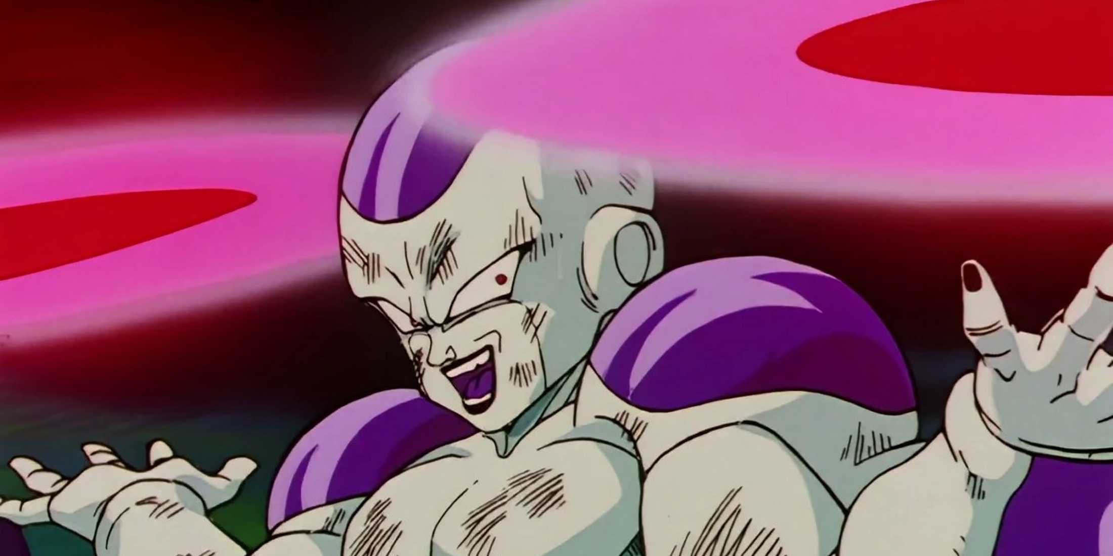 Frieza laughs as he uses his Death Saucer attack against Goku in Dragon Ball Z.