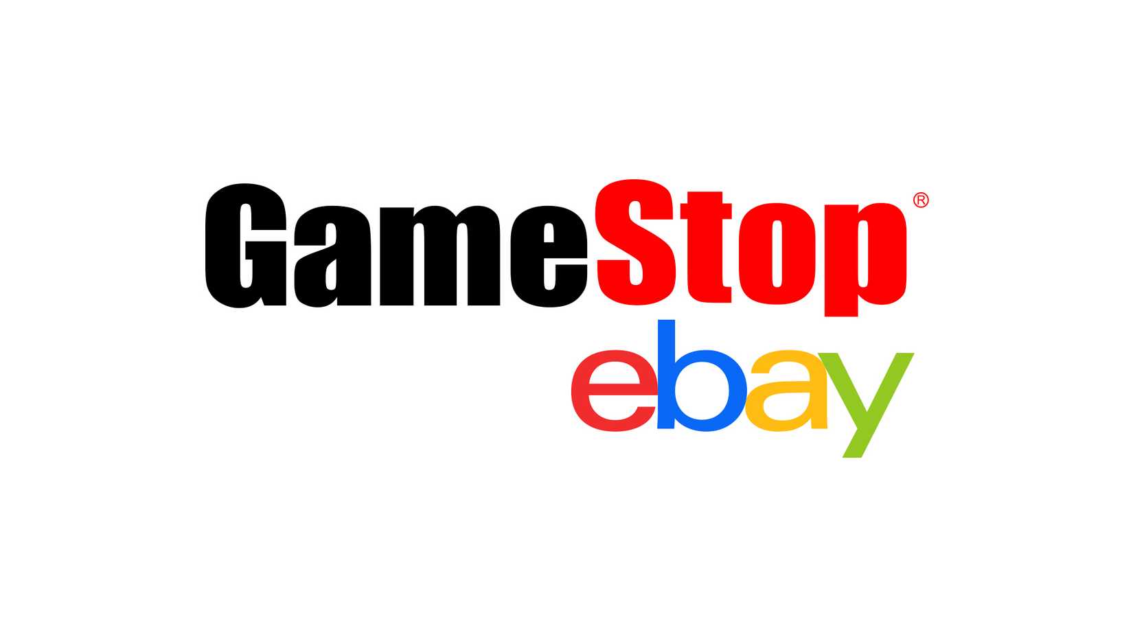 A GameStop logo above a smaller eBay logo positioned below the red "stop" part, both on a white background. 
