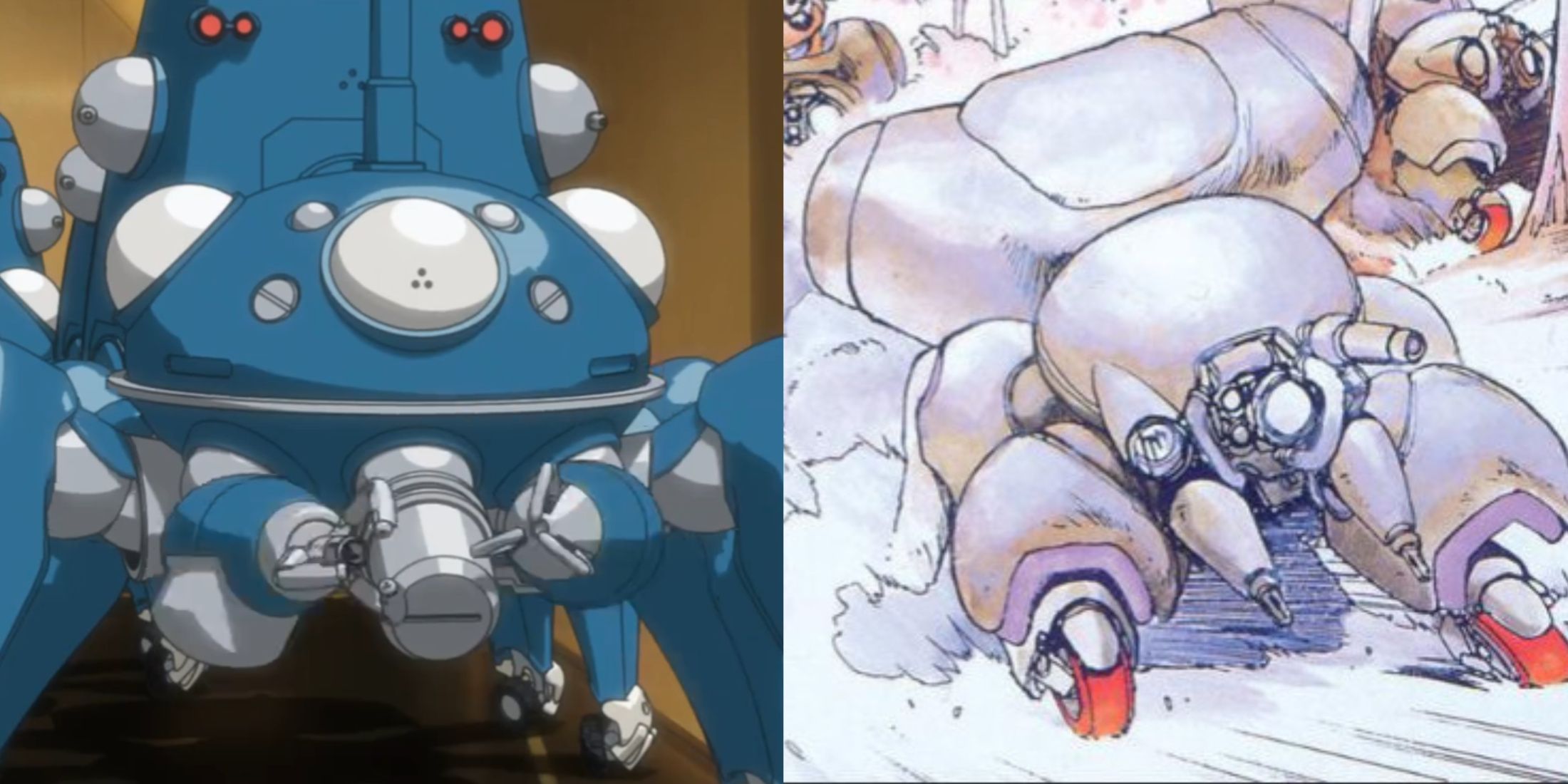 Ghost in the Shell blue Tachikoma from episode 15 of season 1 GITS Stand Alone Complex and greenish gray Fuchikoma from manga chapter 2