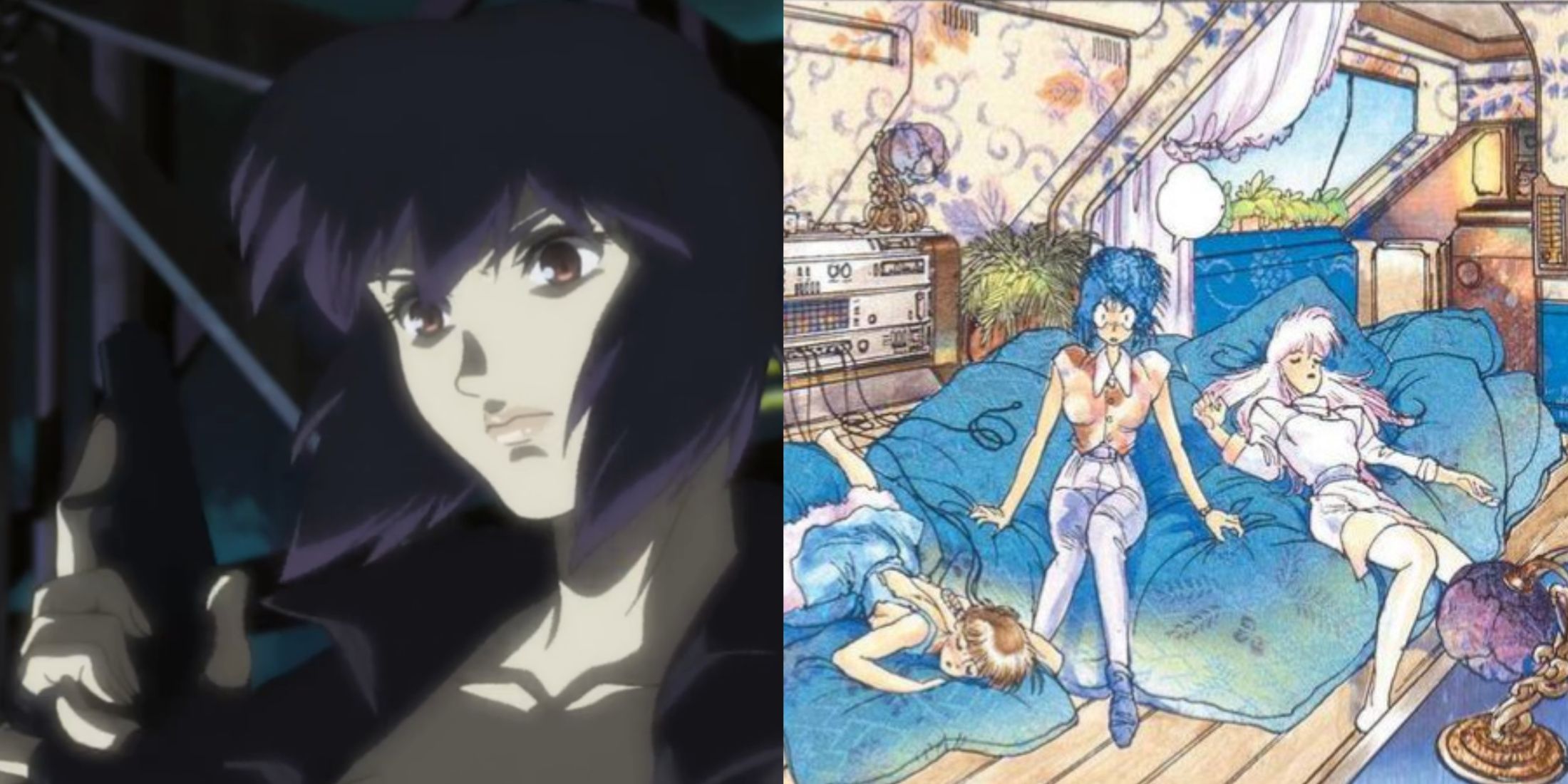 Ghost in the Shell Major Motoko Kusanagi holding a gun in episode 1 of season 1 and Motoko woken up from her digital R and R with two of her sleeping friends sitting in a bedroom manga chapter 3