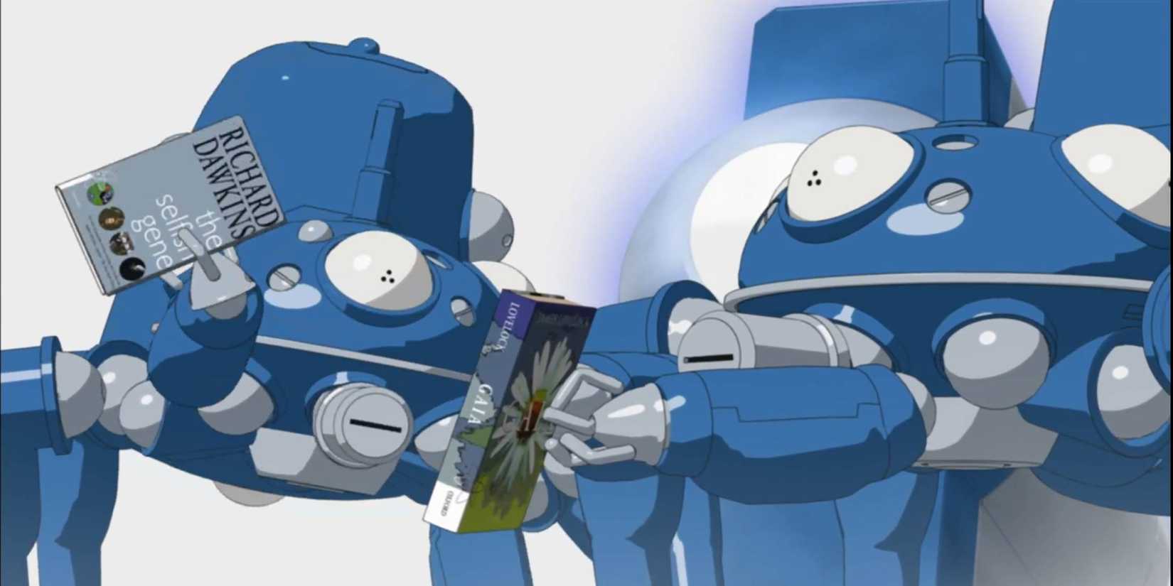 Ghost in the Shell Stand Alone Complex 2nd GIG Episode 15 Tachikoma are discussing theories such as Richard Dawkings work The Selfish Gene during Laughing Man Arc