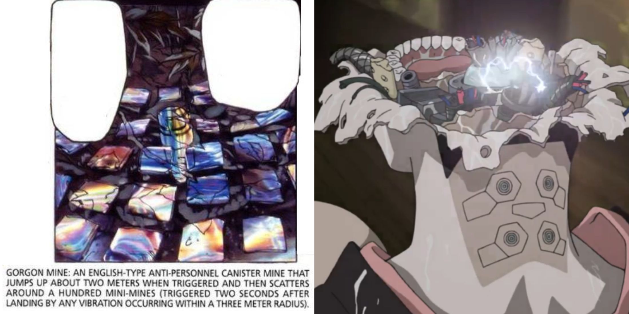 Ghost in the Shell Stand Alone Complex inside view of destroyed head of a killer robot geisha with sparks and footnote and image of Gorgan mine in Ghost in the Shell manga chapter 3