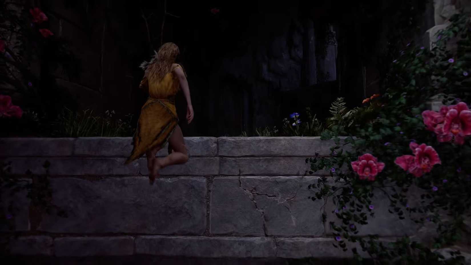 A screenshot from God of War Laufey is from the trailer showing Faye jumping onto a ledge.