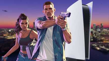 Jason and Lucia from GTA 6 next to the PS5 against the blurred background of Vice City in GTA 6