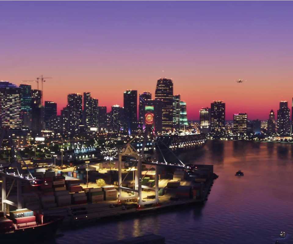 official gta 6 art showing vice city during a sunset.