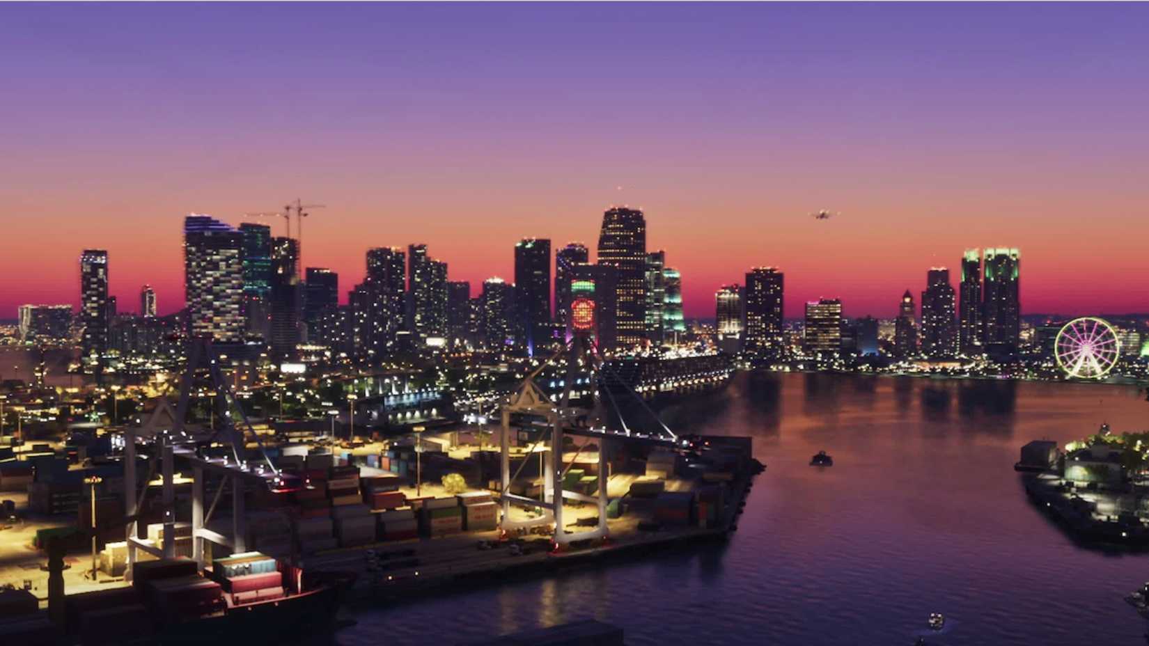 official gta 6 art showing vice city during a sunset.
