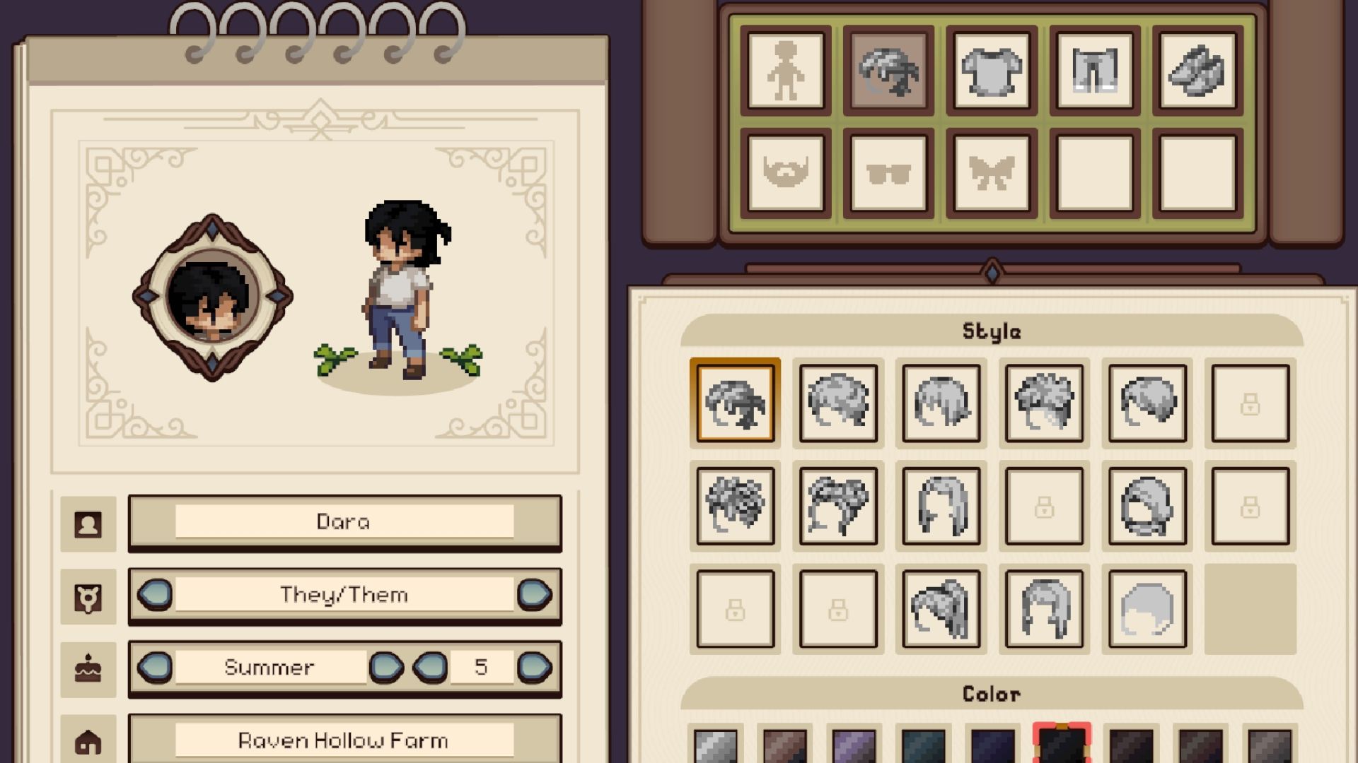 character customization menu in grave seasons.