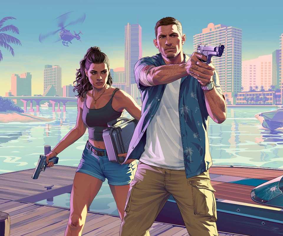 GTA 6 protagonists holding guns by waterfront