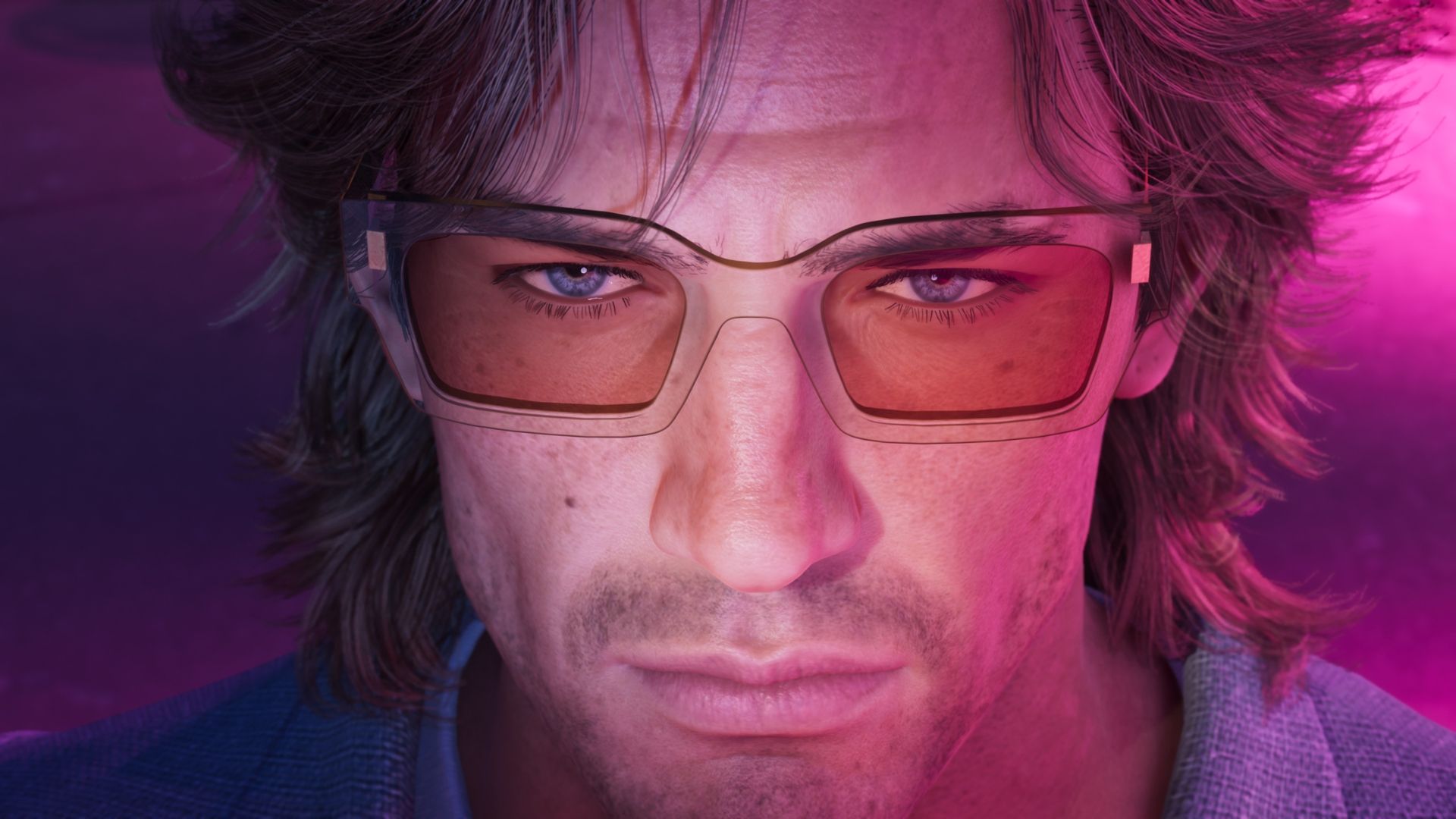 gta 6's jason duval with a vintage hairstyle and a pair of vintage glasses.