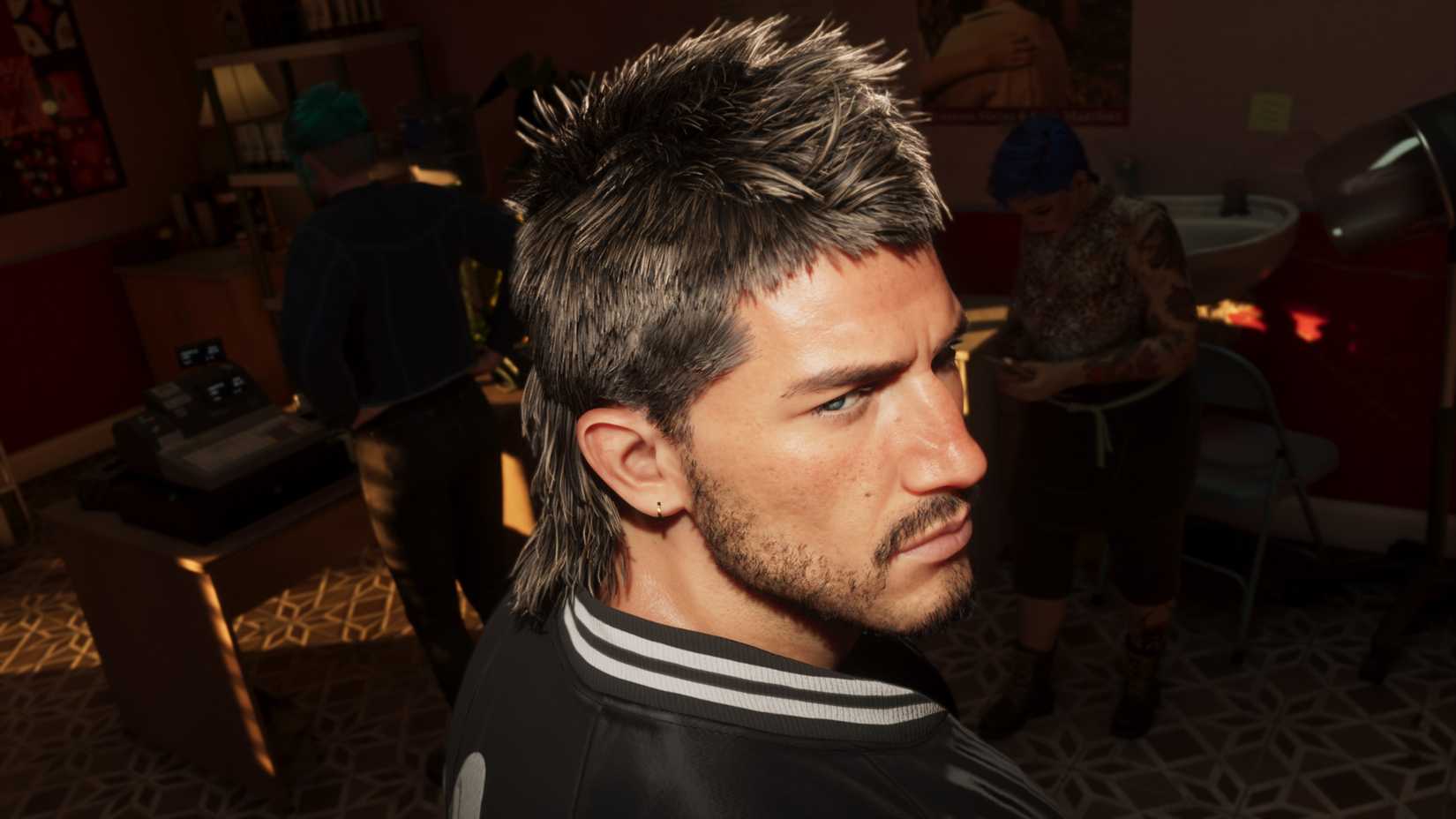 a close-up shot of jason duval one of the protagonists in gta 6.
