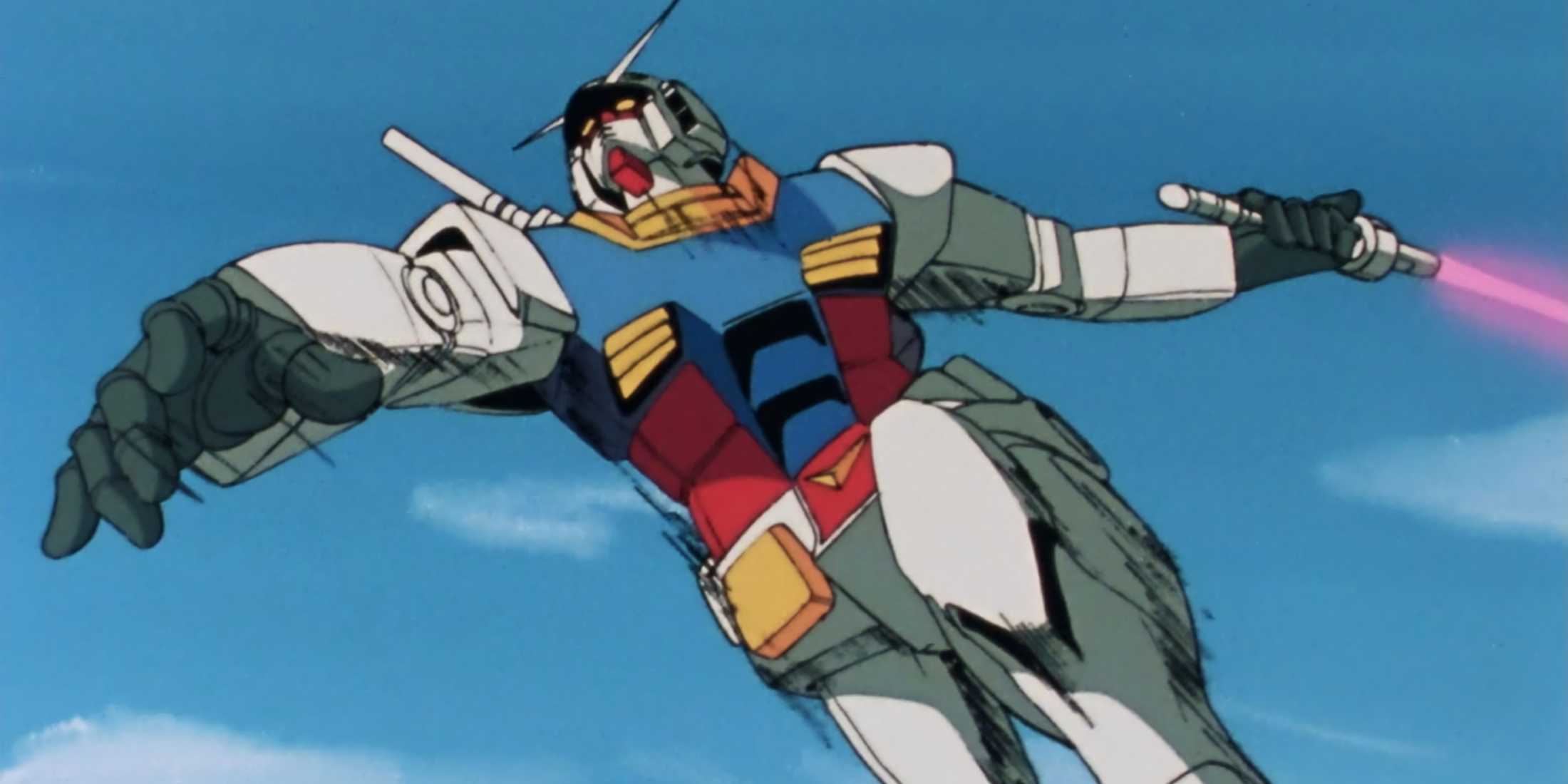 Gundam Rx-78-2 holding a sword while it fights an enemy mecha.