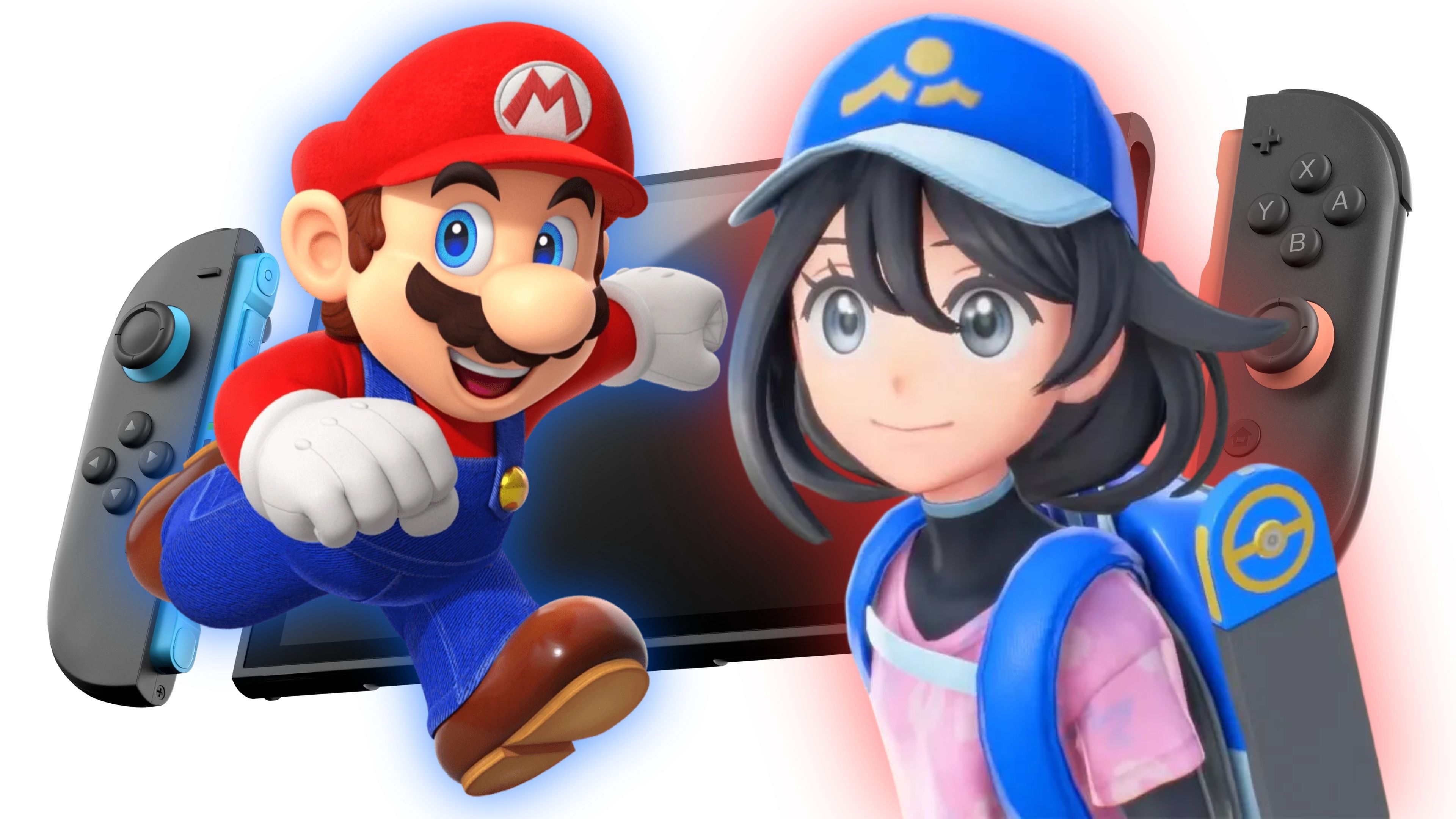 A promotional image for the Nintendo Switch 2 with an overlay of Super Mario and the female protagonist of Pokemon Winds and Waves