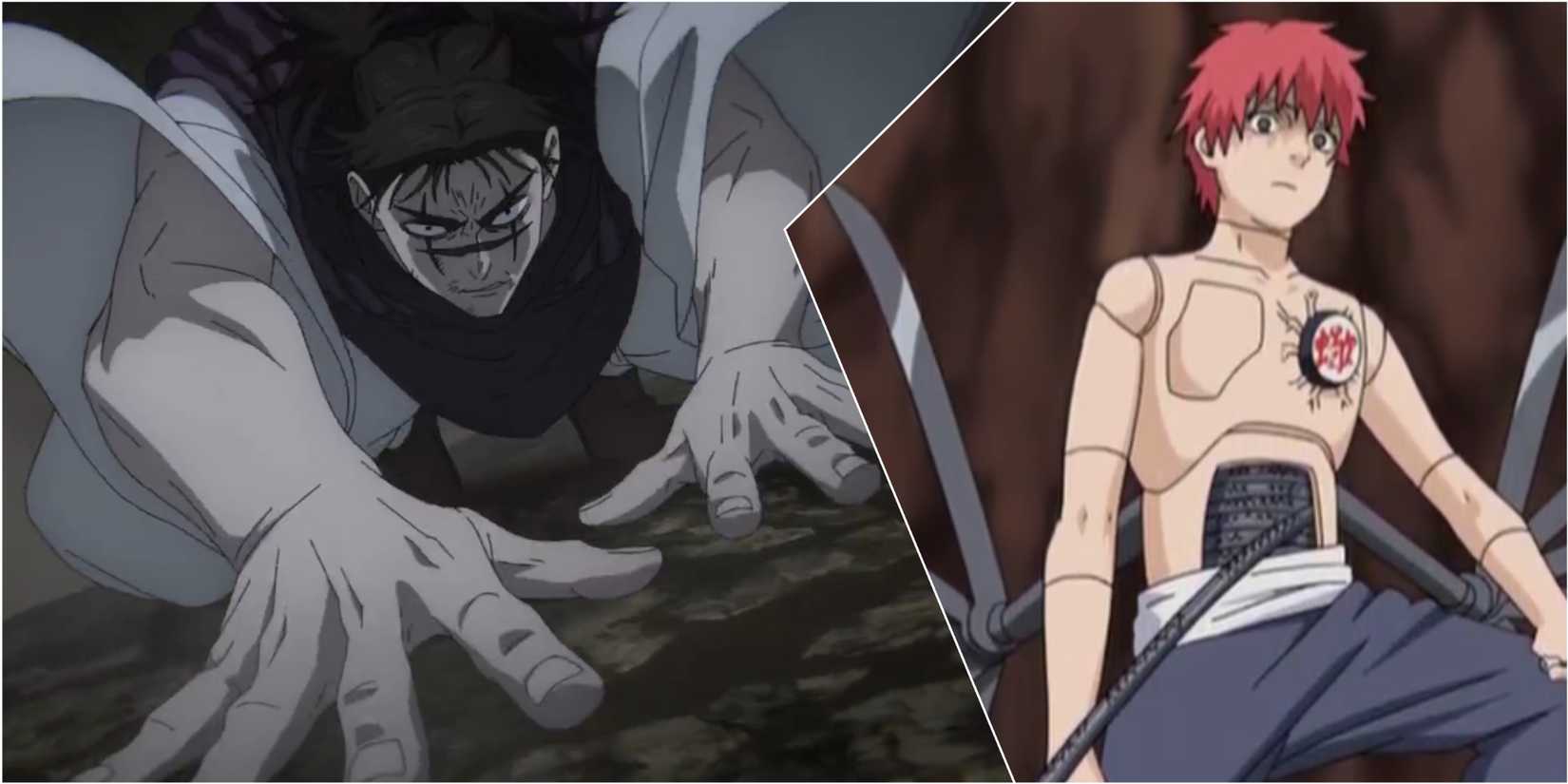 Jujutsu Kaisen Choso climbing rock wall from Season 2 and Naruto Shippuden Sasori fully unveiled during fight from Episode 25