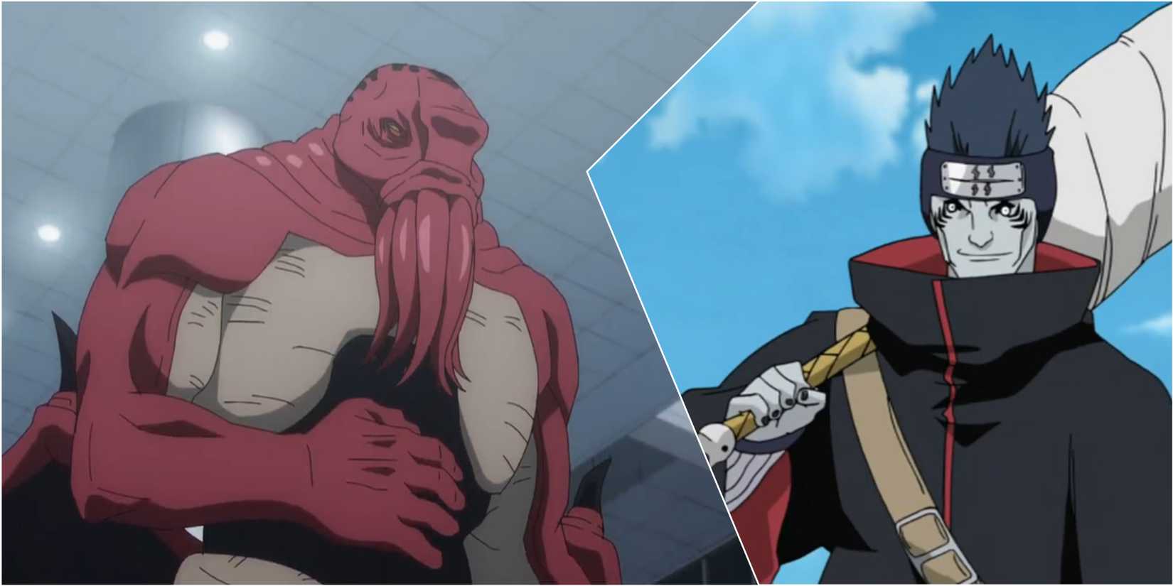 Jujutsu Kaisen Dagon in adult form during underground train station mid-fight from Season 2 and Naruto Shippuden Kisame preparing to fight from Episode 134