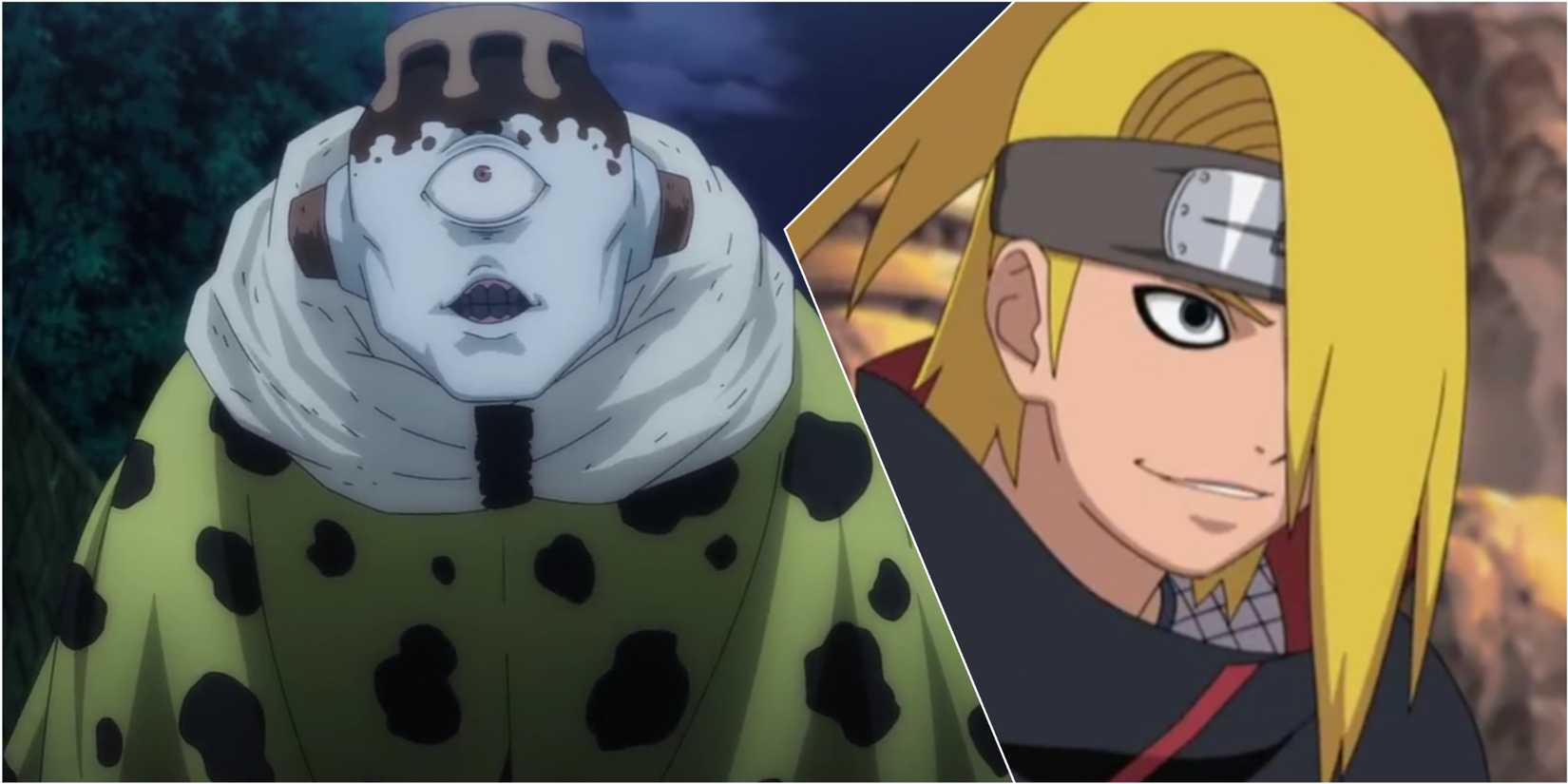 Jujutsu Kaisen Jogo in the middle of a fight from Season 1 and Naruto Shippuden Deidara in the middle of a battle on his clay bomb from Episode 3