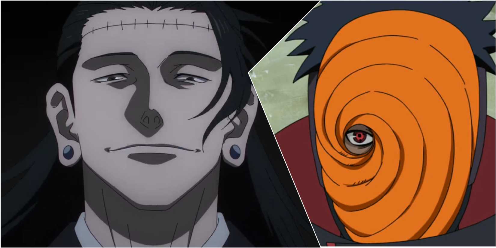 Jujutsu Kaisen Kenjaku smirking in battle from Season 2 and Naruto Shippuden Obito Uchiha in standard Akastuki uniform, Tobi from Episode 134