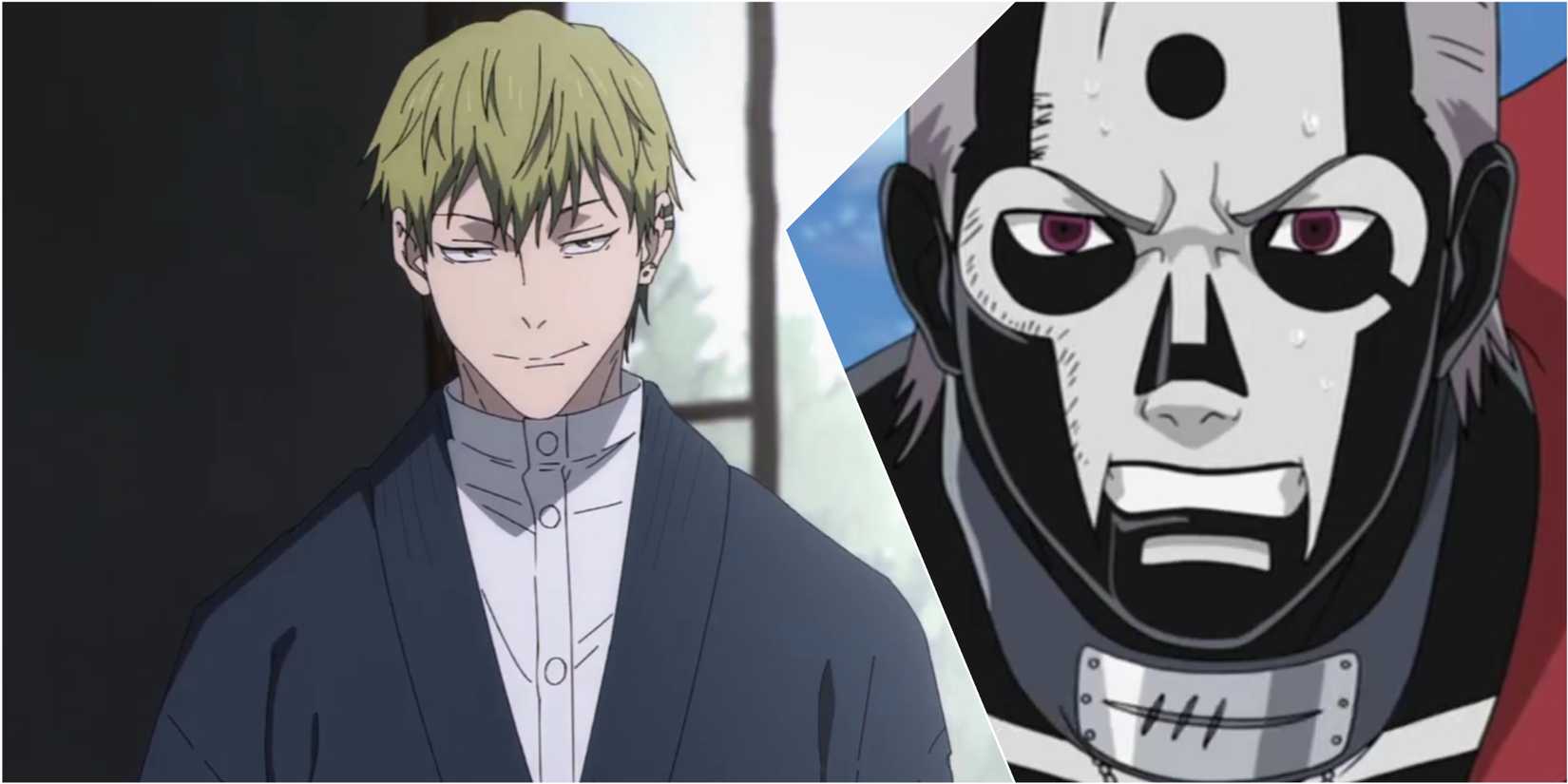 Jujutsu Kaisen Naoya Zenin entering a room from Season 2 and Naruto Shippuden Hidan with his curse technique activated from Episode 78