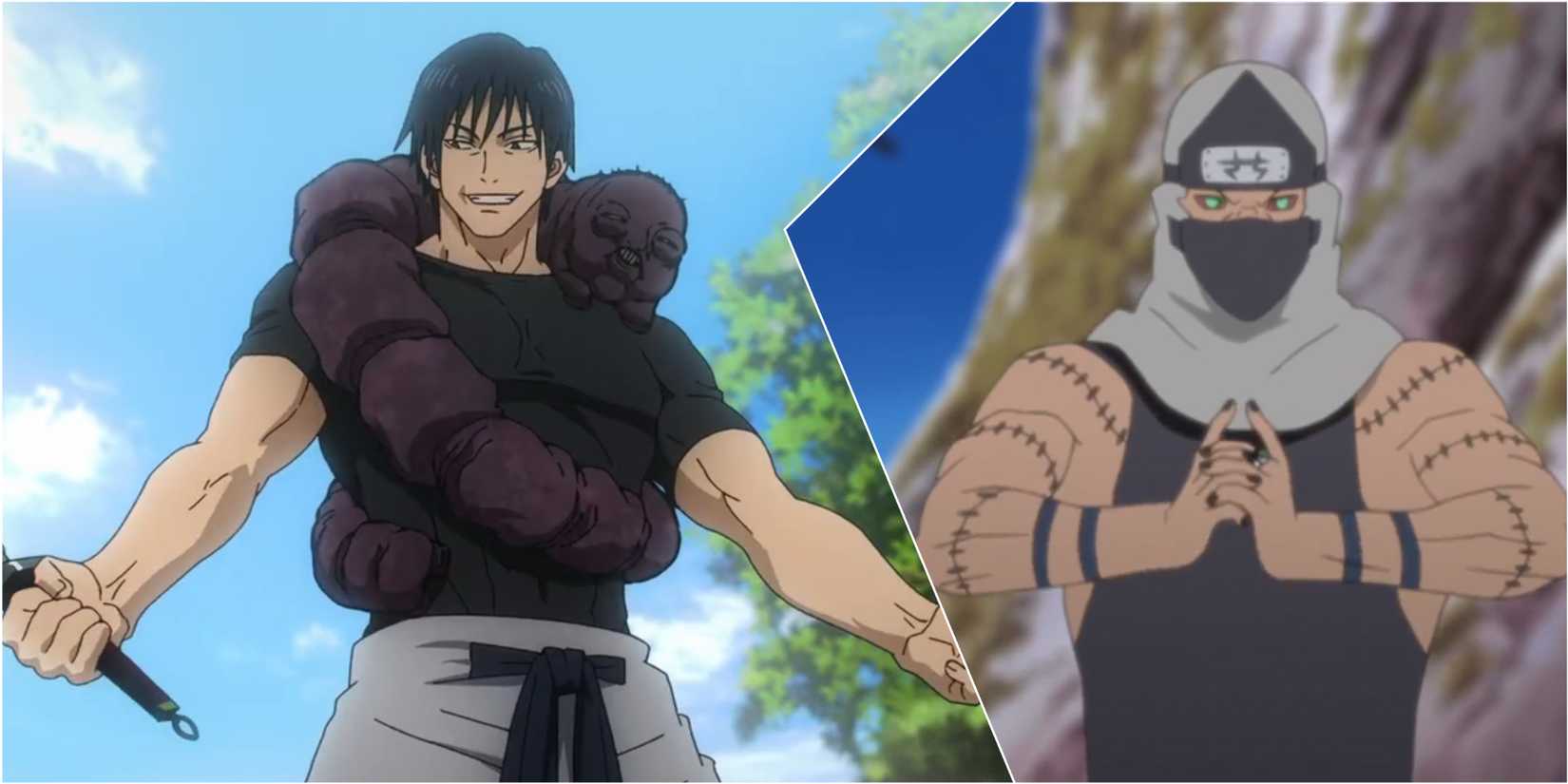 Jujutsu Kaisen Toji Fushiguro with blade and Inventory curse worm creature from Season 2 and Naruto Shippuden Kakuzu missing Akatsuki cloak mid-fight from Episode 85