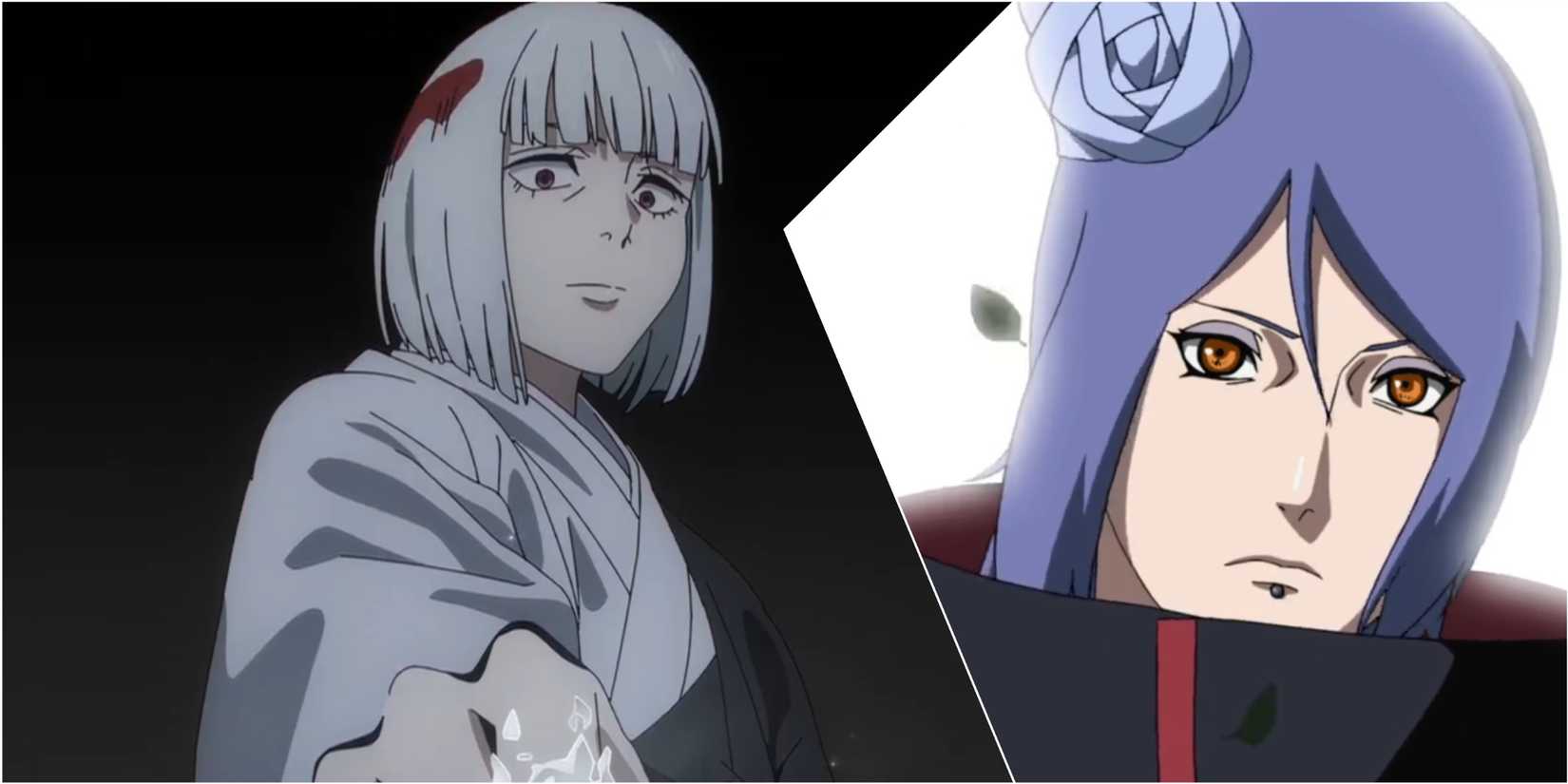 Jujutsu Kaisen Uraume about to use her frost ability on an opponent  from Season 2 and Naruto Shippuden image of Konan from a flashback from Episode 252