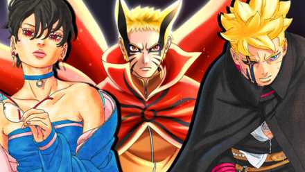 Images of Konoha ninja Sarada Uchiha, Naruto Uzumaki, and Boruto Uzumaki