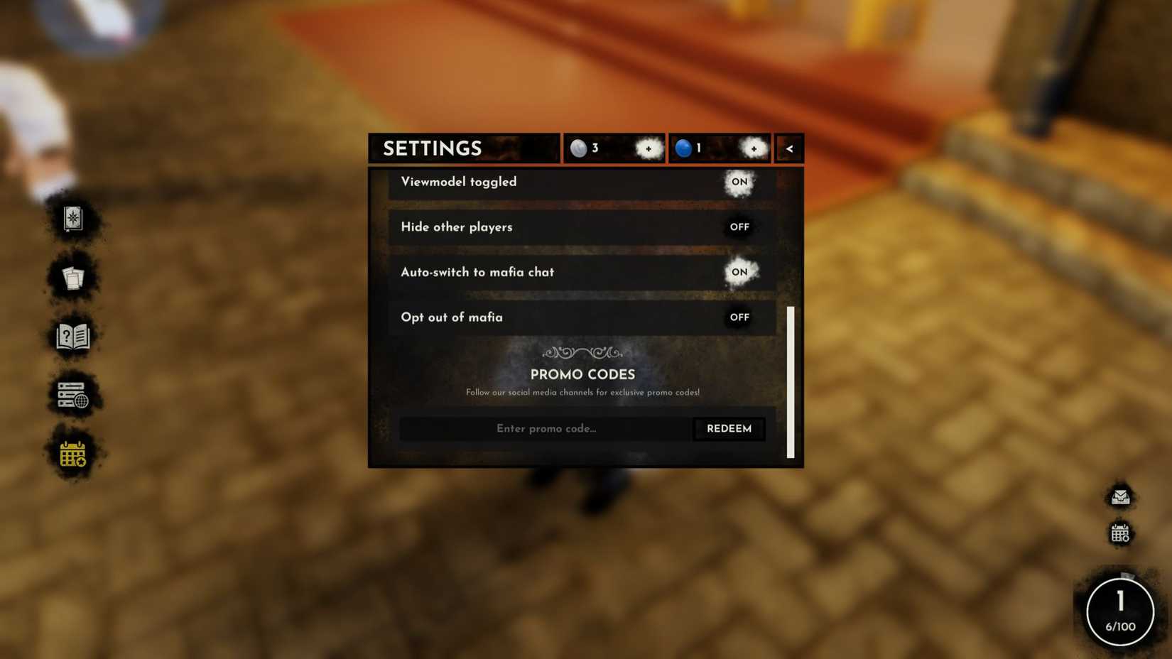 Roblox Mafia Settings menu showing the Promo Codes field and Redeem button
