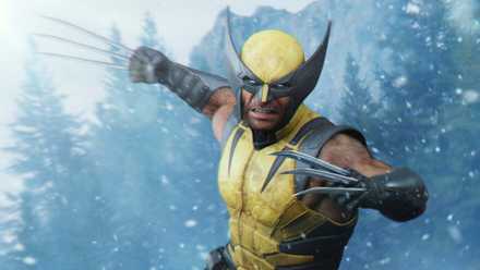 the wonder wolverine Logan jumping on the enemy uproots snow-covered trees