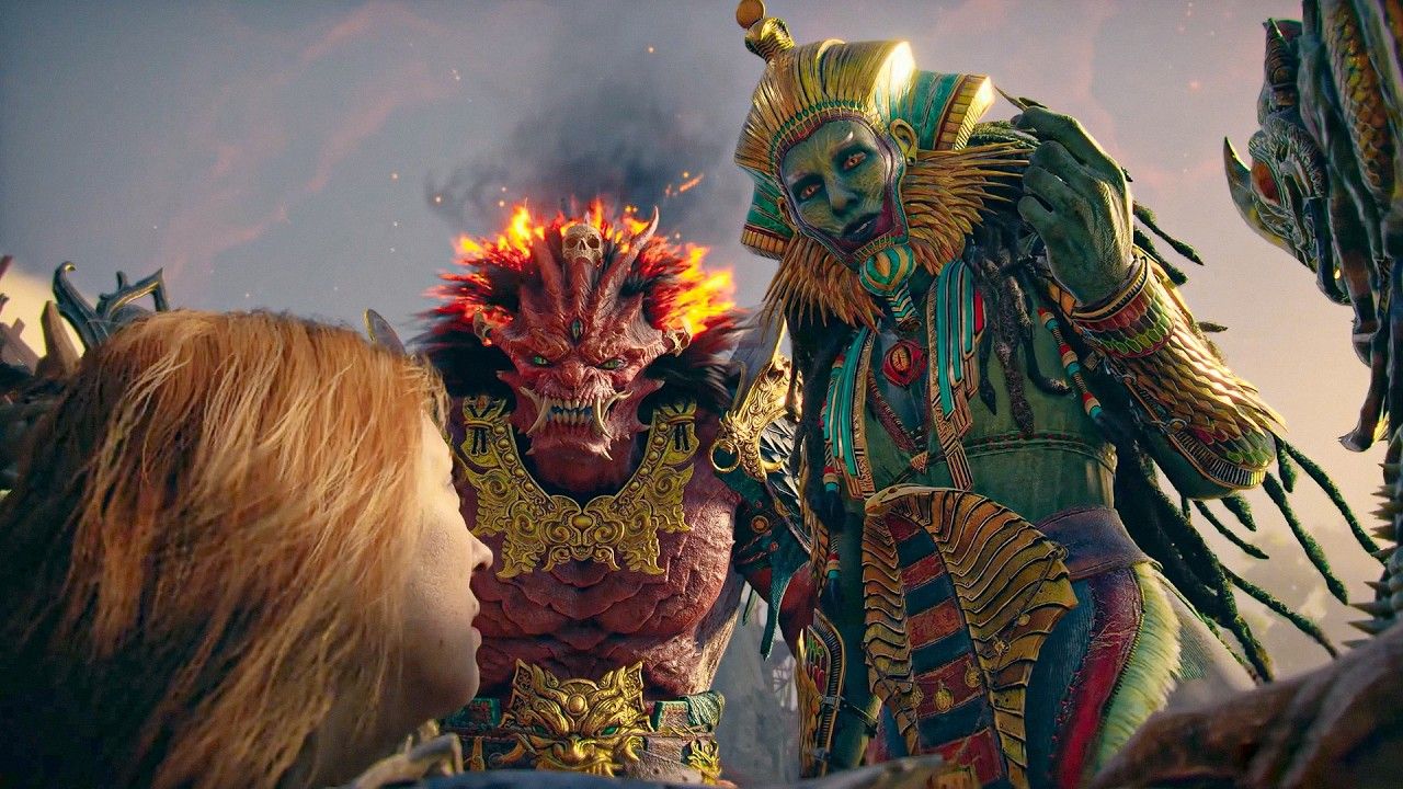 Sekhmet and Begtse standing over Laufey in God of War Laufey