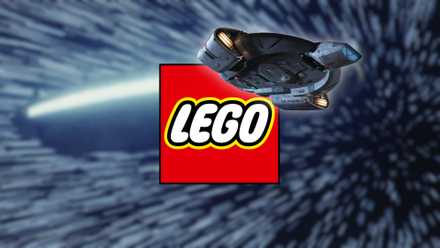 LEGO's logo alongside the USS Defiant from Star Trek with a Millennium Falcon background