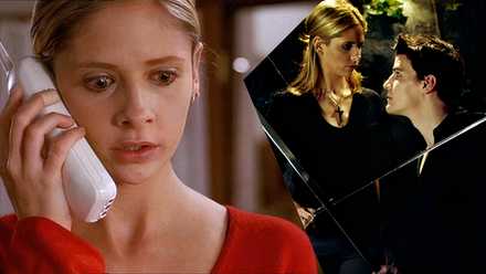 A split image of Buffy and Buffy and Angel in Buffy the Vampire Slayer