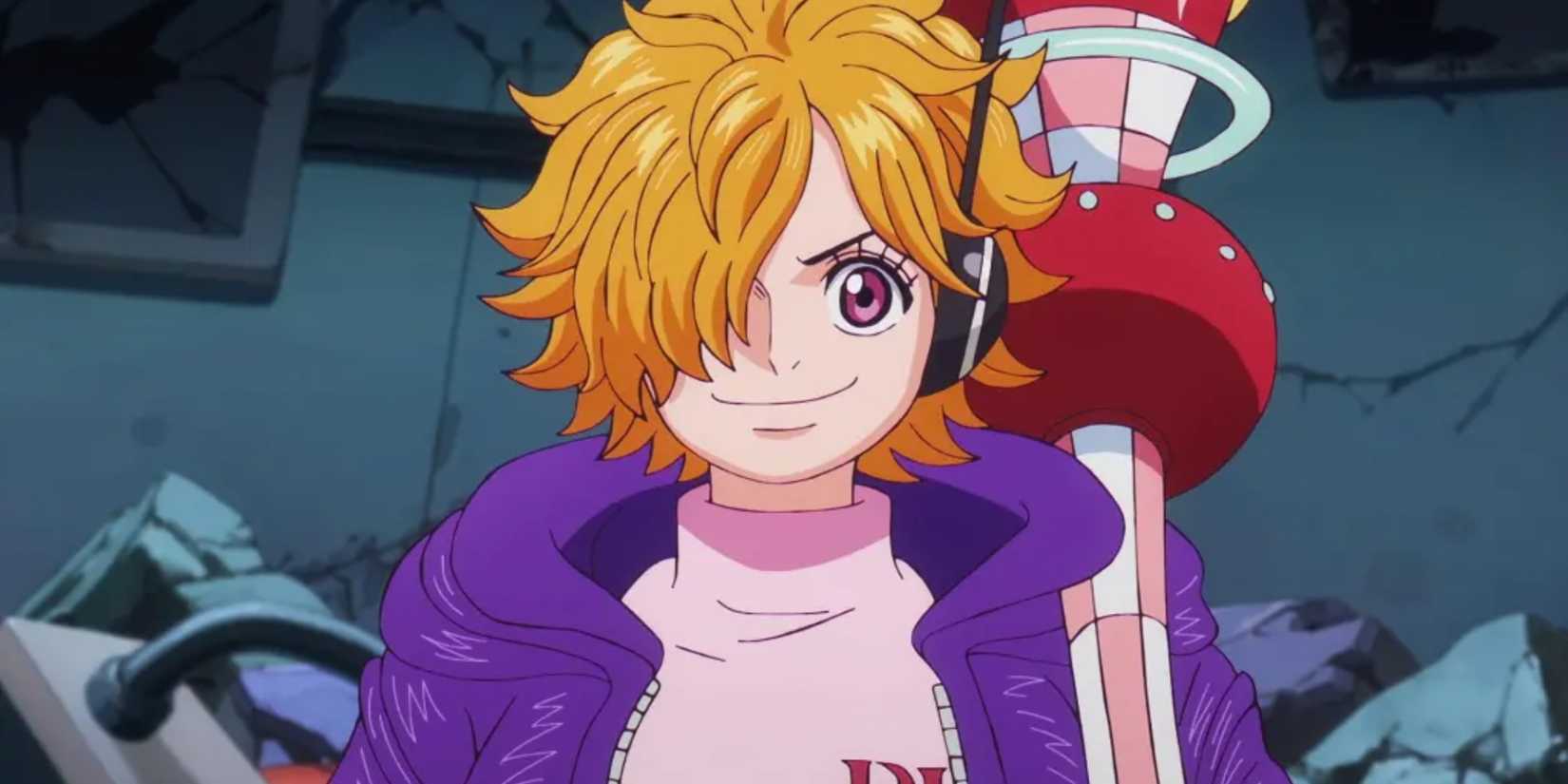 Lilith smiles after stopping the Seraphim with her Bubble Gun in One Piece.
