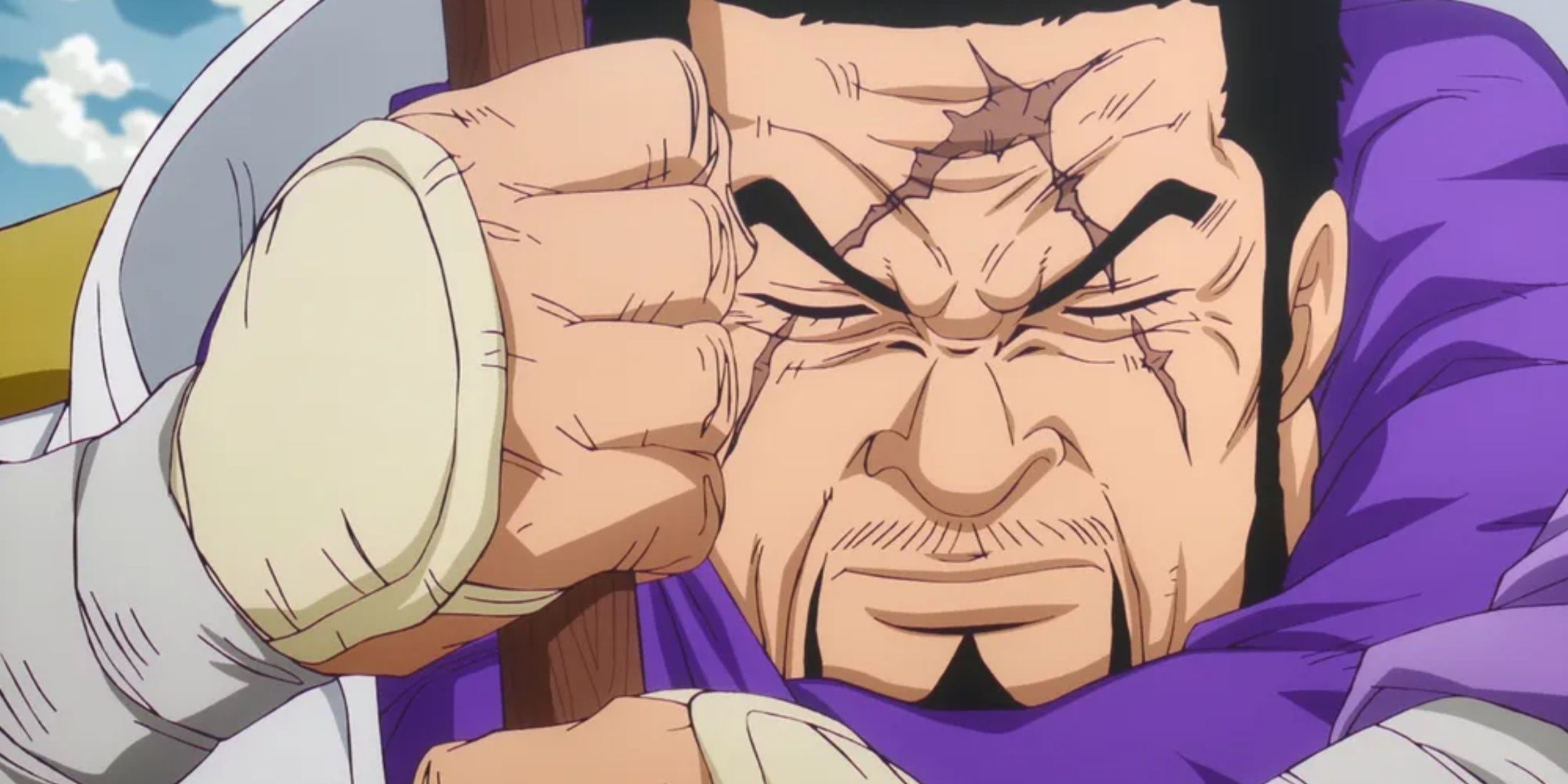 Admiral Fujitora prepares to draw his sword during One Piece's Dressrosa Arc.