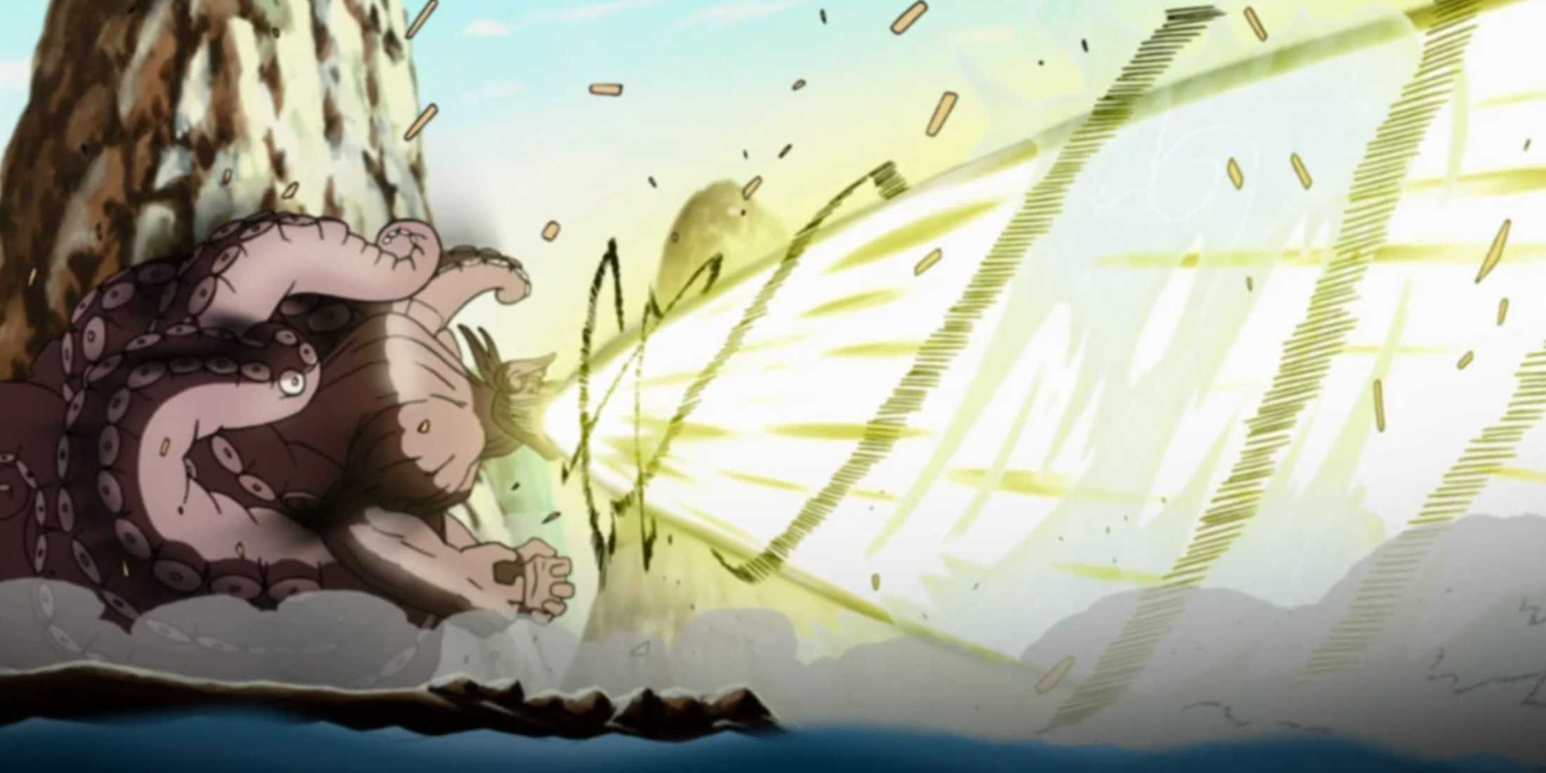 8-Tails fires an explosion at Naruto. gale