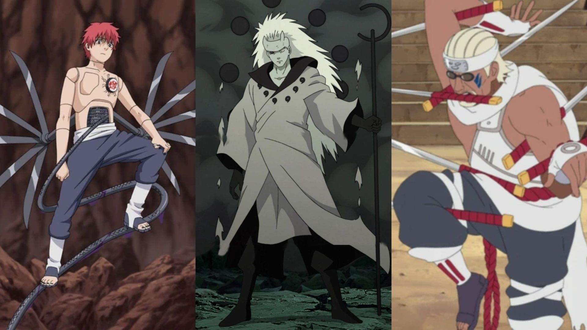 Sasori, Madara, and Killer B all strike battle poses in Naruto: Shippuden.