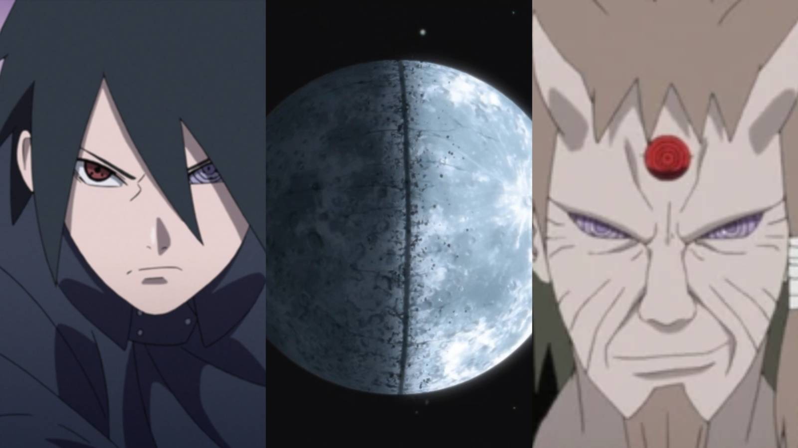 Adult Sasuke Uchiha, a cracked moon, and an old Hagoromo from Naruto