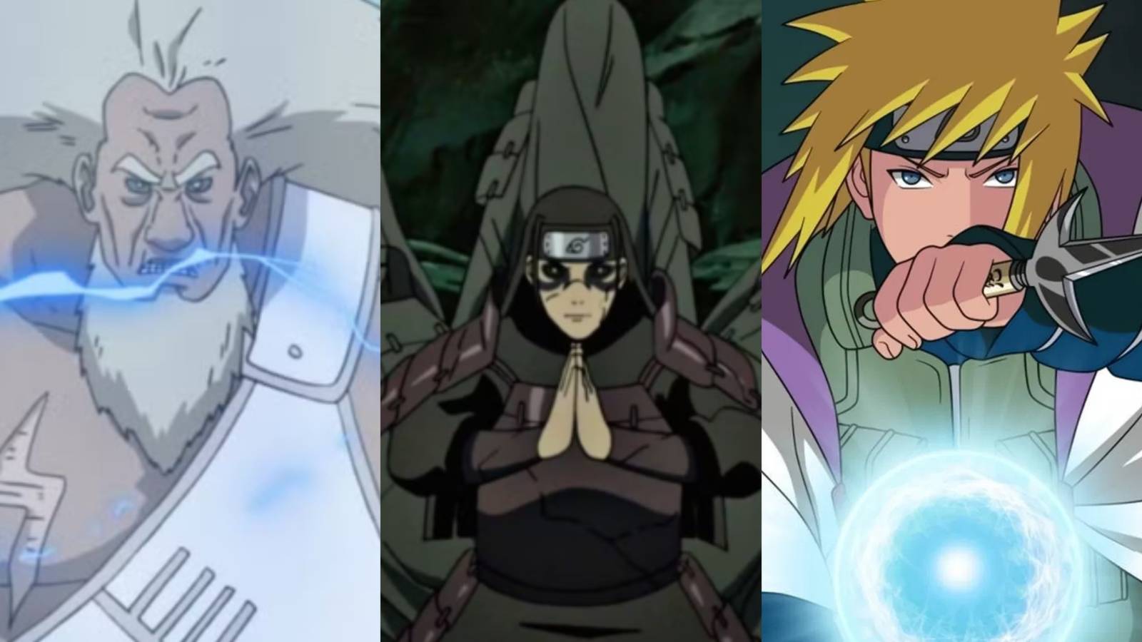 The 3rd Raikage, Hashirama making Wood Clone, and Minato making a Rasengan in Naruto.