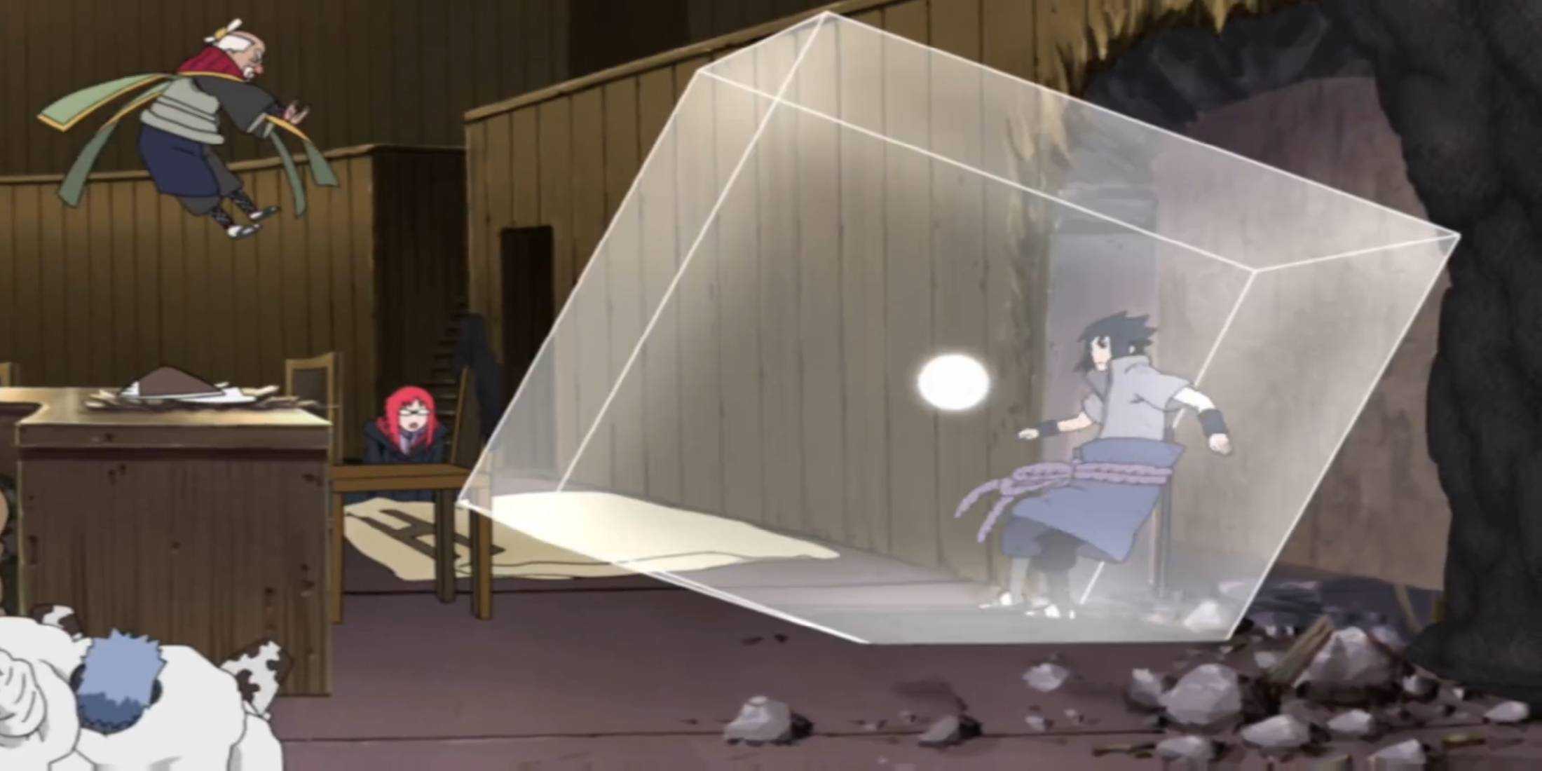 Onoki uses Dust Release on Sasuke from Naruto.